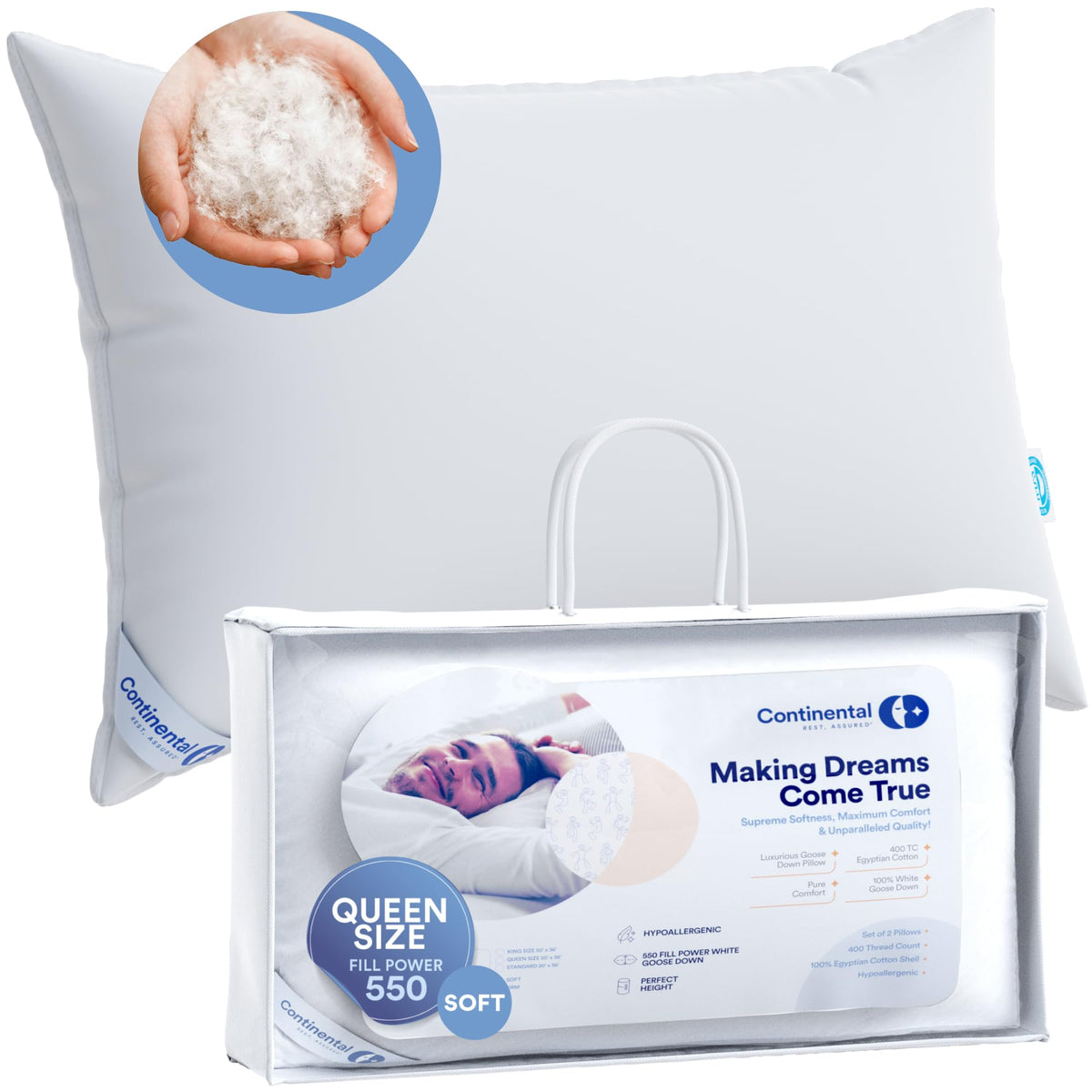 Continental Bedding Luxury Down Pillows Queen Size Pack Of 1 - Family Made In New York - Breathable Bed Pillows For Sleeping, Ba