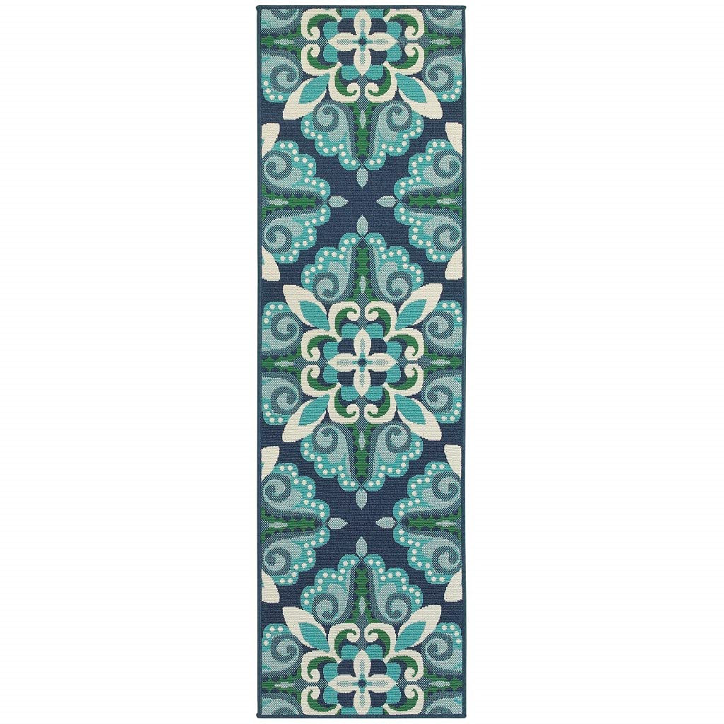 HomeRoots Polypropylene 2’x8’ Blue and Green Floral Indoor Outdoor Runner Rug