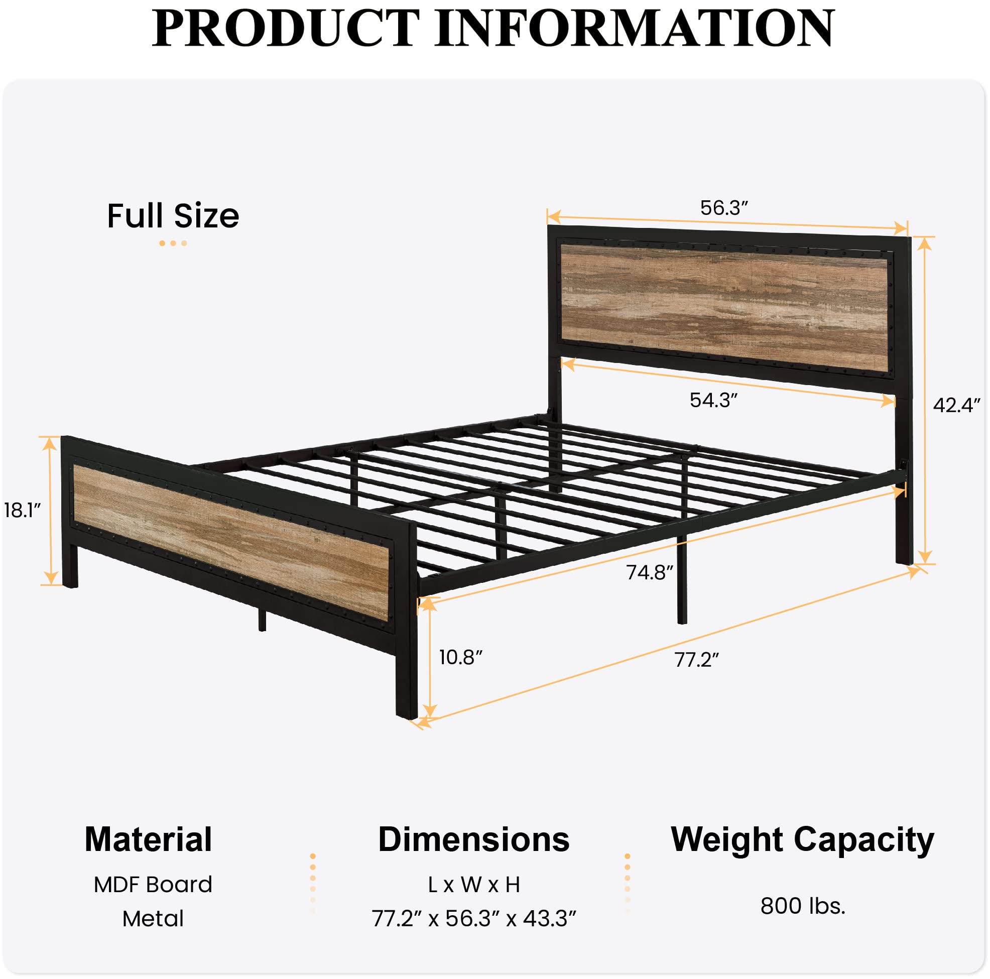 Sha Cerlin Heavy Duty Full Size Bed Frame/Metal Platform Bed With Rivet Wooden Headboard Footboard/ 13 Strong Steel Slats Support/No Box Spring Needed/Mattress Foundation/Easy Assembly