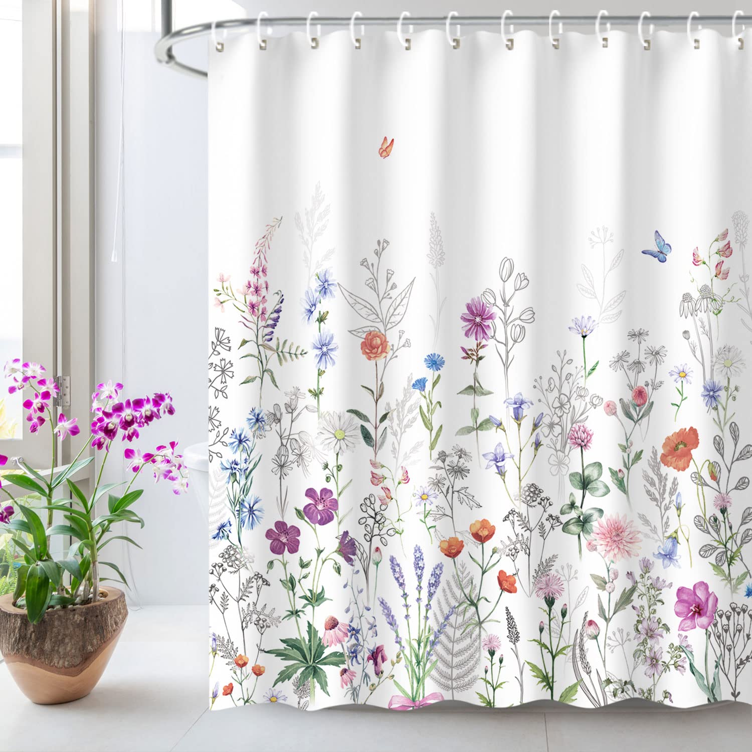 LIVILAN Floral Shower Curtain Flower Shower Curtain Butterfly Showers Curtain for Bathroom Lilac Shower Curtain with Hooks Water