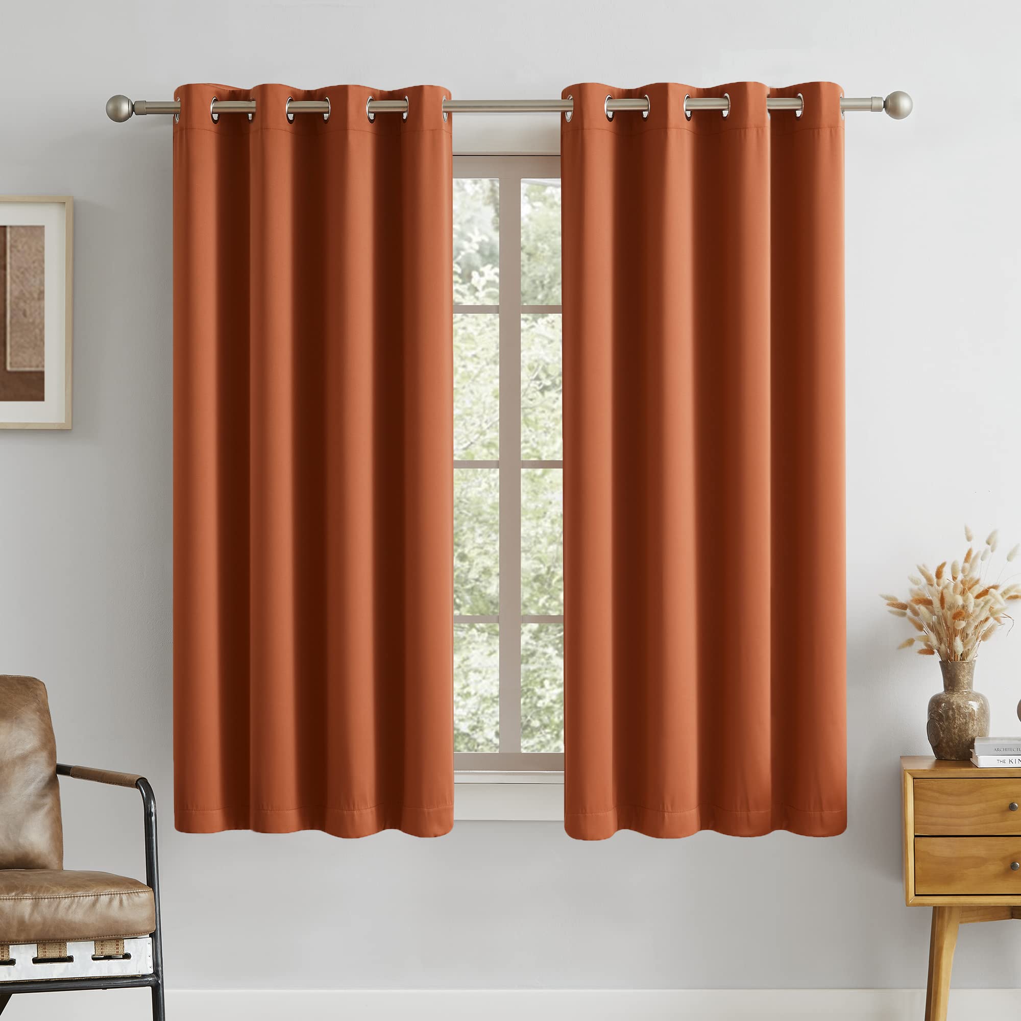 Dualife Terracotta Curtains-Rust Blackout Curtains For Small Windows 54 Inch Length Burnt Orange Solid Curtain Panels Thermal In