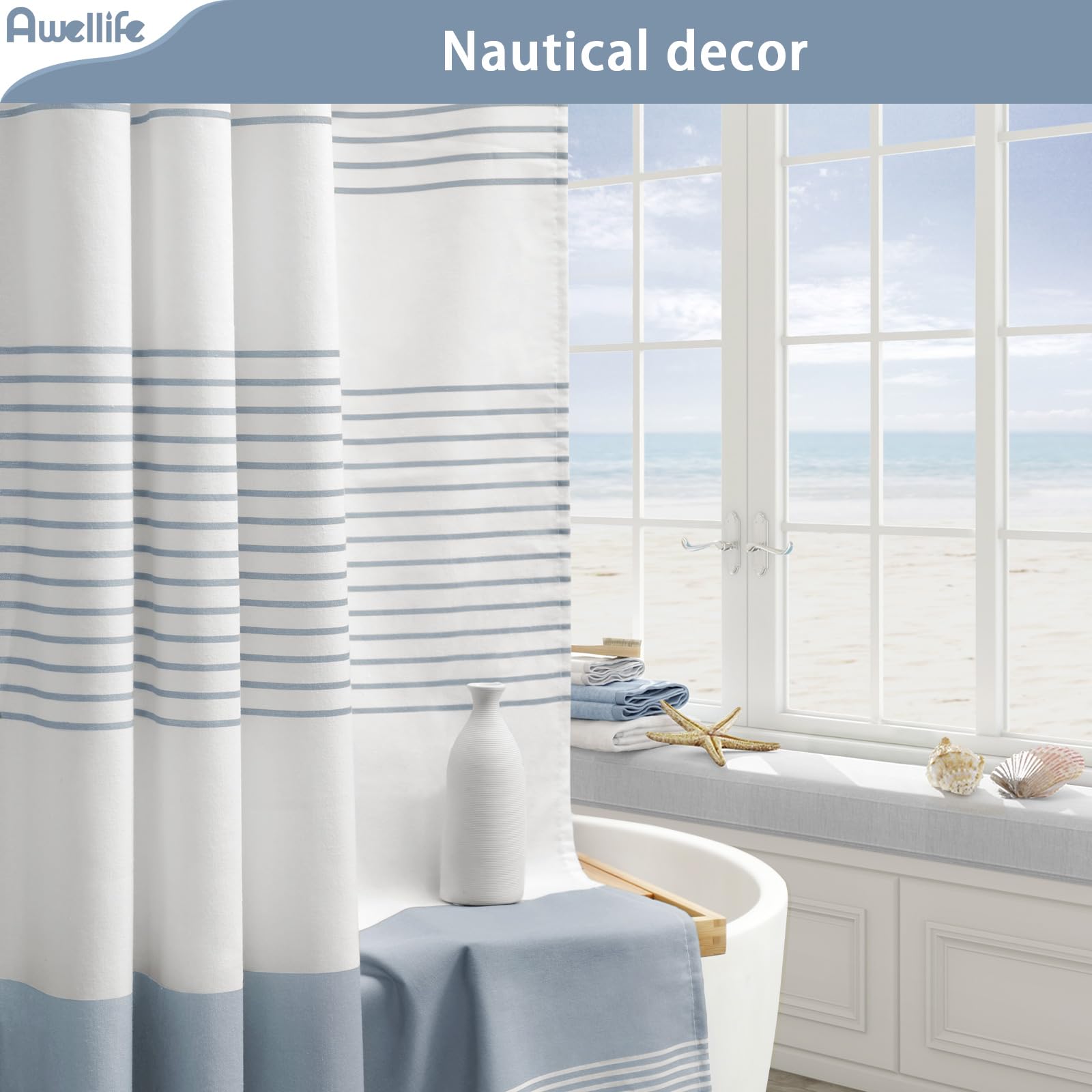 Awellife Blue Shower Curtain Beach Ocean Coastal Nautical Shower Curtain For Bathroom Stripe Tassel Shower Curtain 72 X 72 Inches Cotton Linen