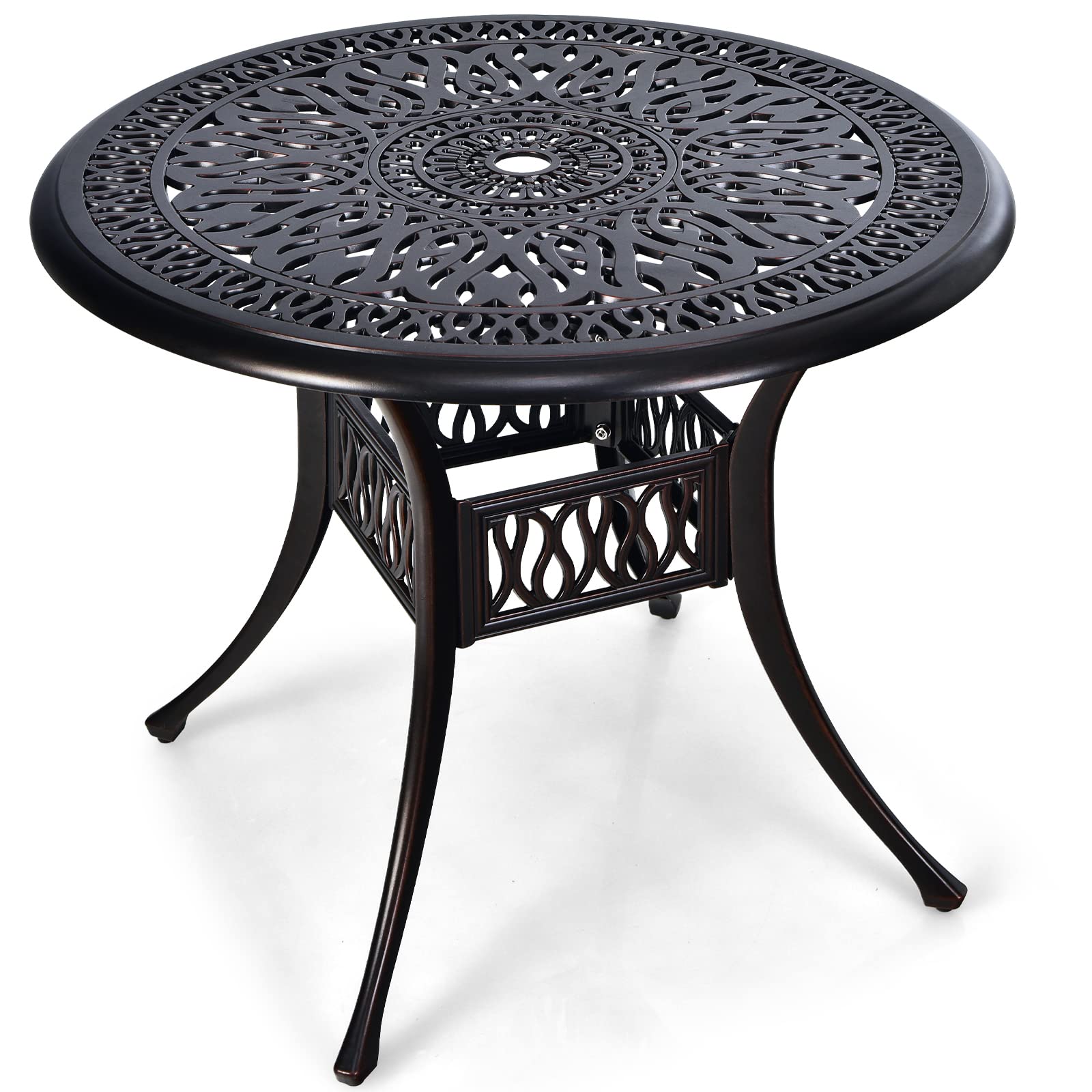 Tangkula 36 Inch Outdoor Dining Table, Round Cast Aluminum Patio Dining Table With Umbrella Hole, Weather-Resistant Patio Bistro Table For Backyard, Garden, Poolside