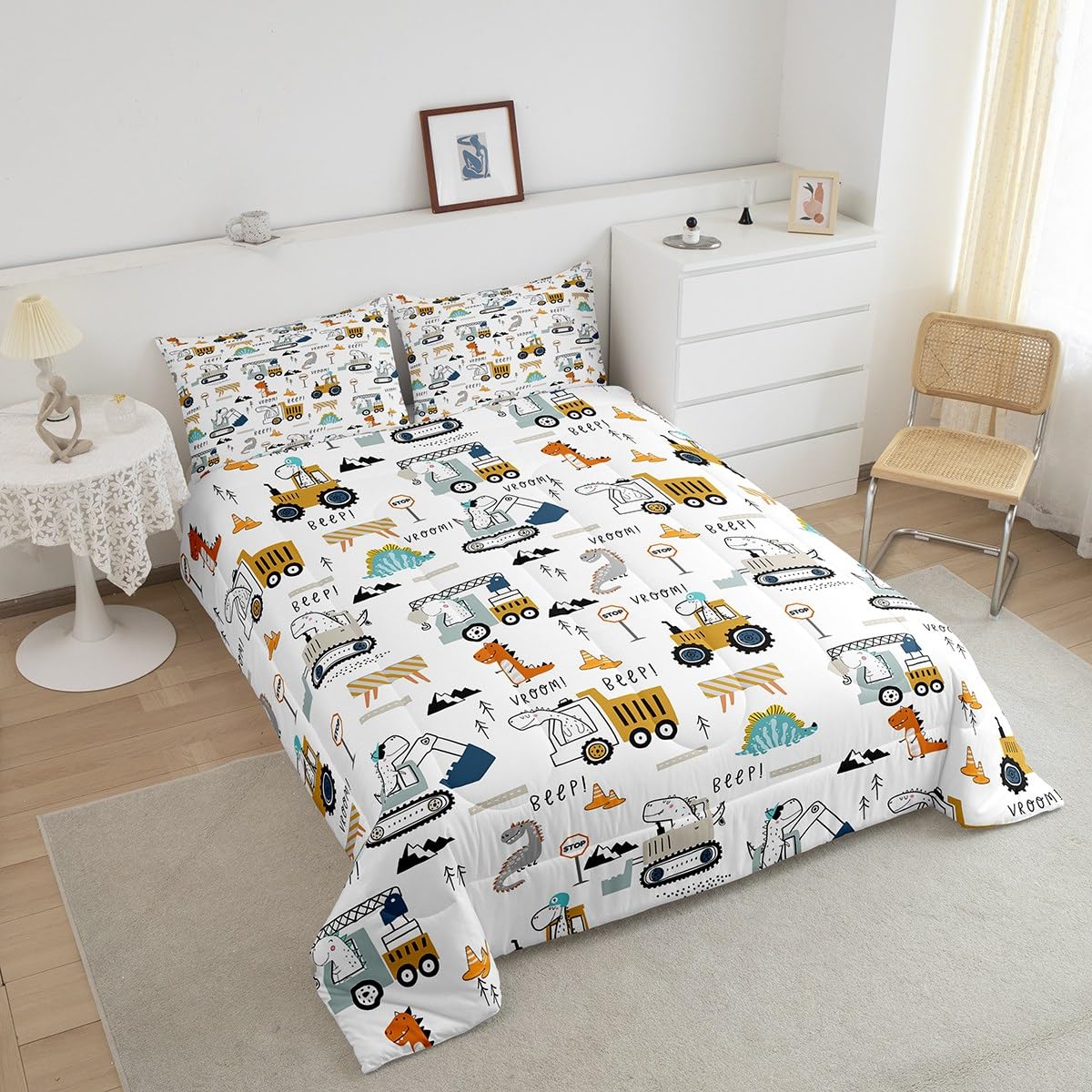 Feelyou Construction Bedding Set Twin Size Equipment Trucks Comforter Set For Kids Boys Girls Decor Dinosaur Comforter 3D Digita