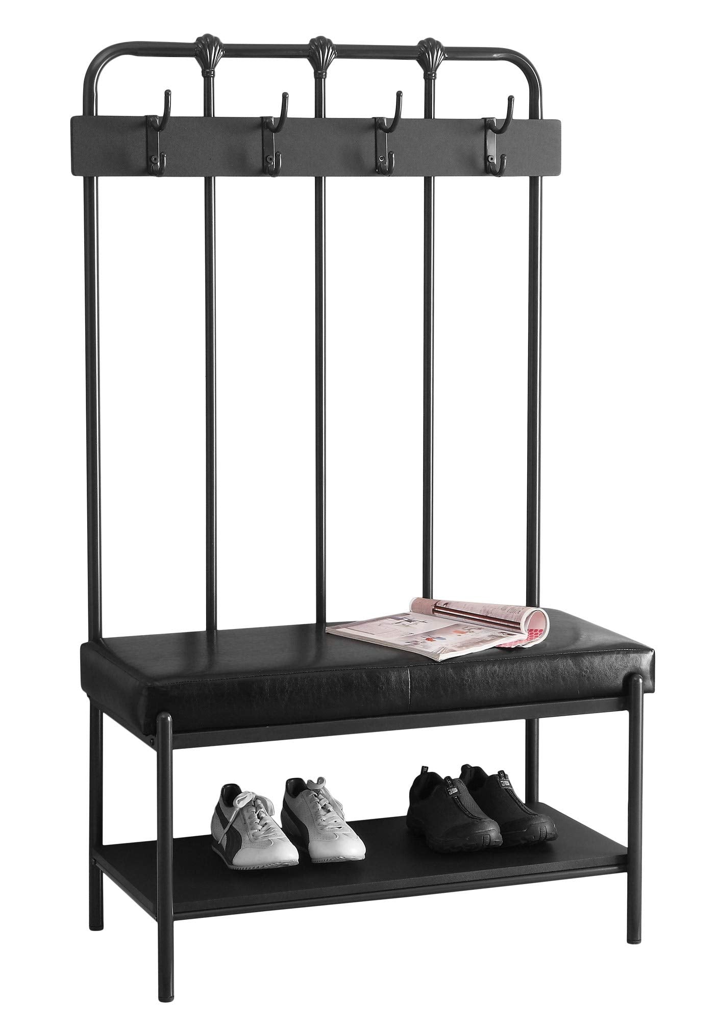 Monarch Specialties 4545 Bench, Entryway, Hallway, Storage, Organizer, Coat Rack, Hall Tree, Metal, Pu Leather Look, Transitional Bench-60 H Charcoal Grey Entry, 37.75' L x 17.75' W x 60.5' H