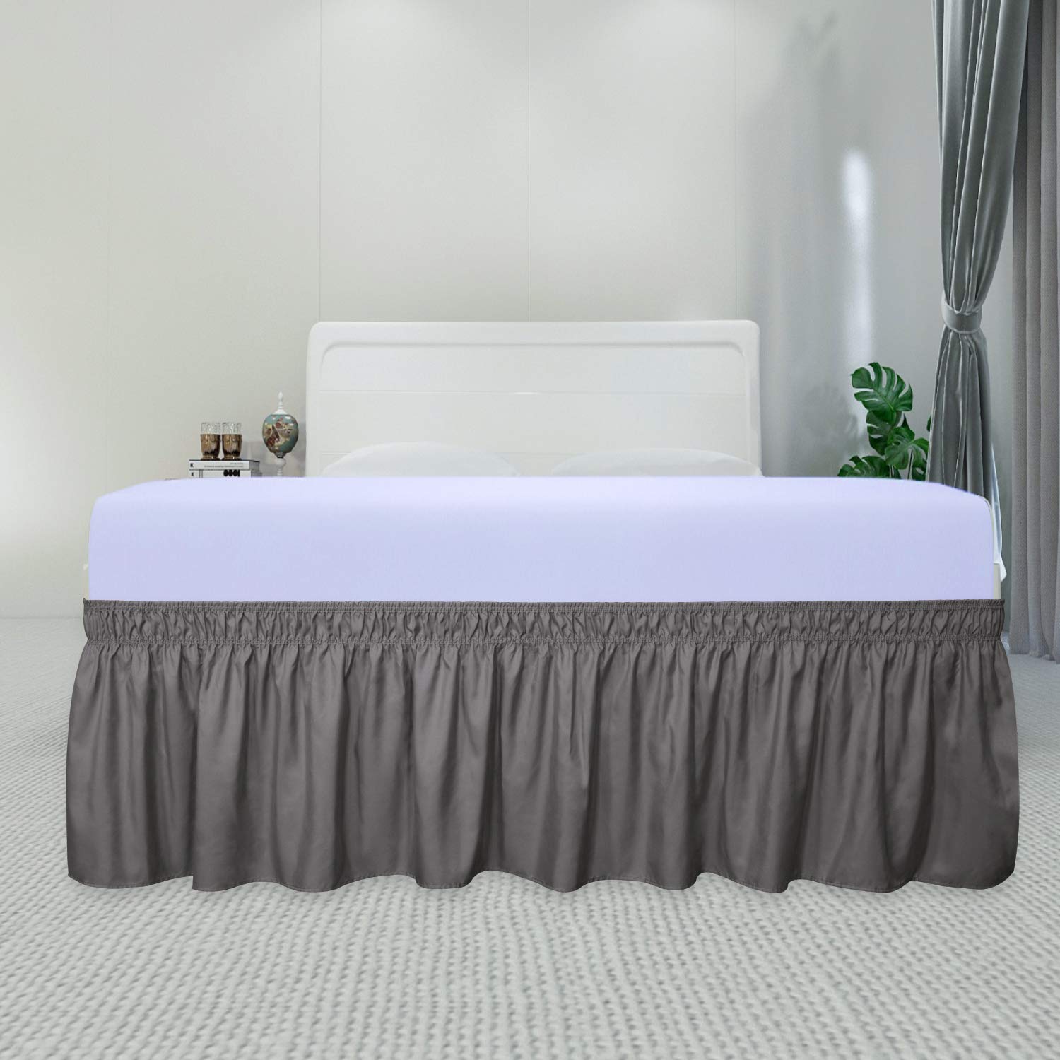 Purefit Wrap Around Ruffled Bed Skirt With Adjustable Elastic Belt - 14 Inch Drop Easy To Put On, Wrinkle Free Bedskirt Dust Ruffles, Bed Frame Cover For Twin,Twin Xl And Full Size Beds, Dark Gray