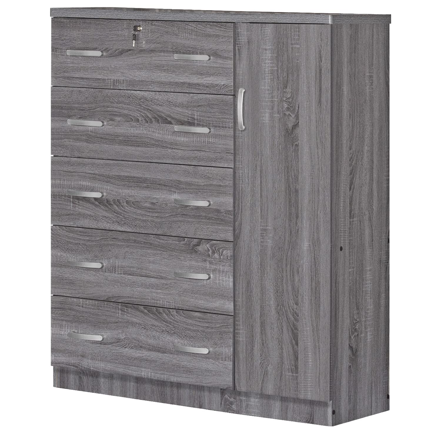 Better Home Products JCF Sofie 5 Drawer Wooden Tall Chest Wardrobe in Gray