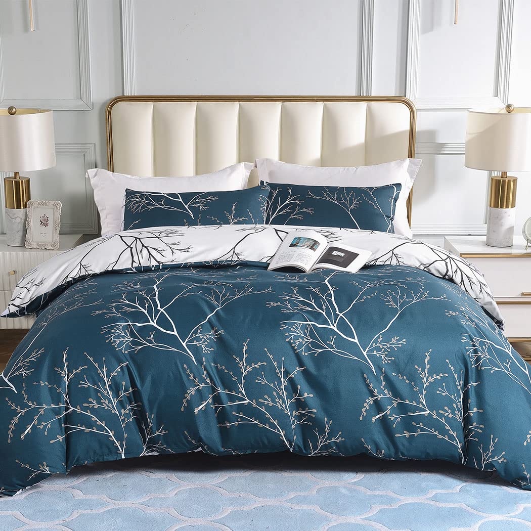 Lekesky Reversible Duvet Cover Queen Size, Dark Blue White Thin Branch Comforter Covers Queen 3Pc Ultra Soft Microfiber Breathab