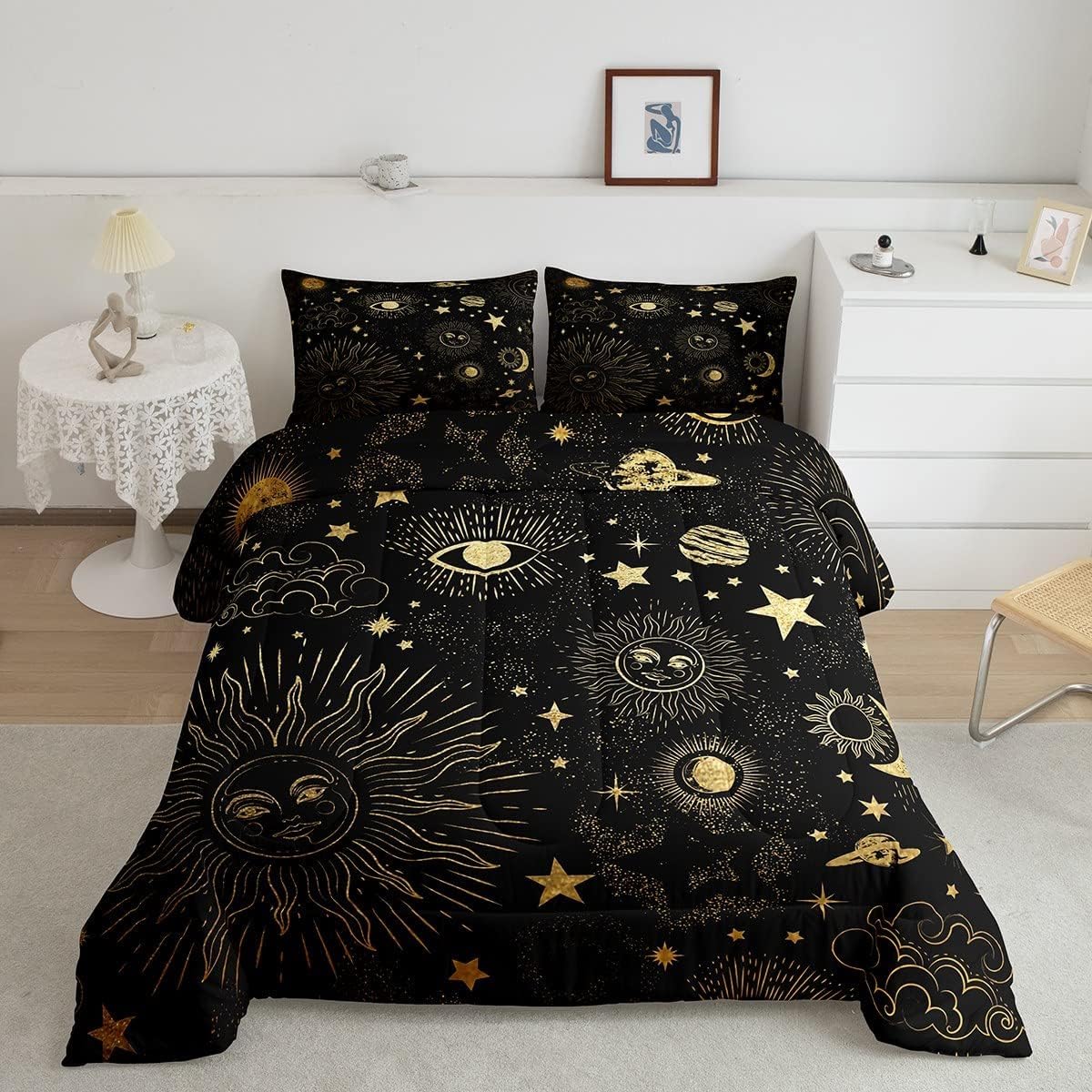 Star Moon Bedding Set Full Size, Starry Sky Series Comforter Set Kids Child, Cosmic Planets Sun Face Pattern Duvet Insert Boys G