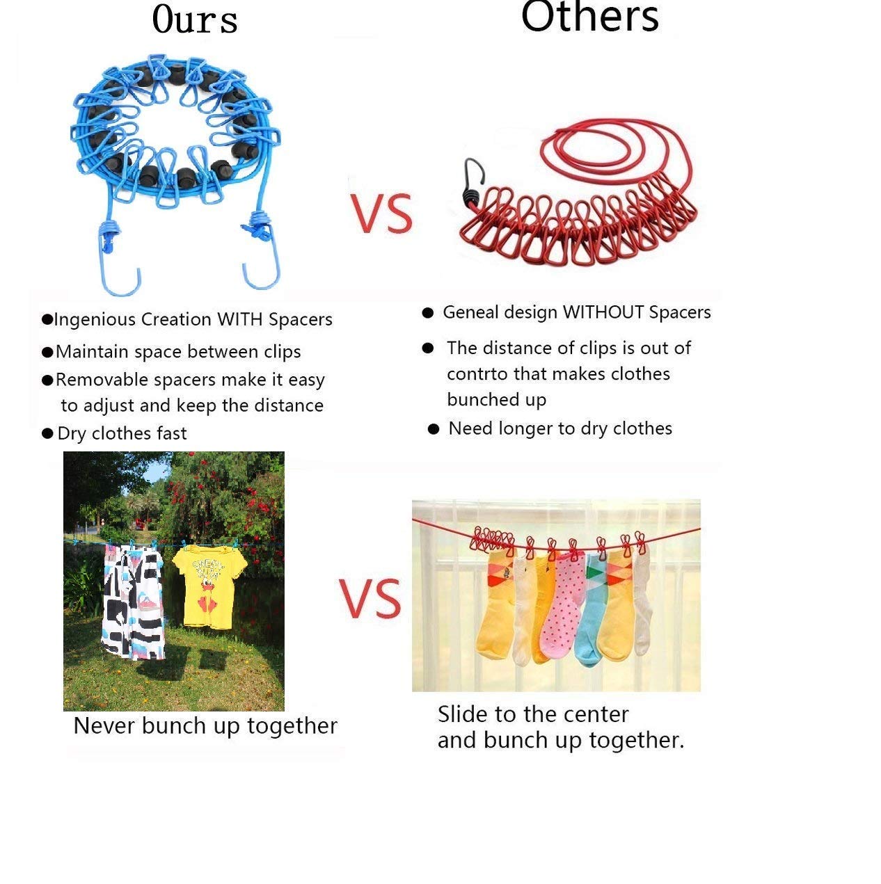 Newraturner Portable Clothesline 2 Pack with 12 Clothespins, Windproof Retractable Elastic Laundry Line, Blue/Black for Travel & Home