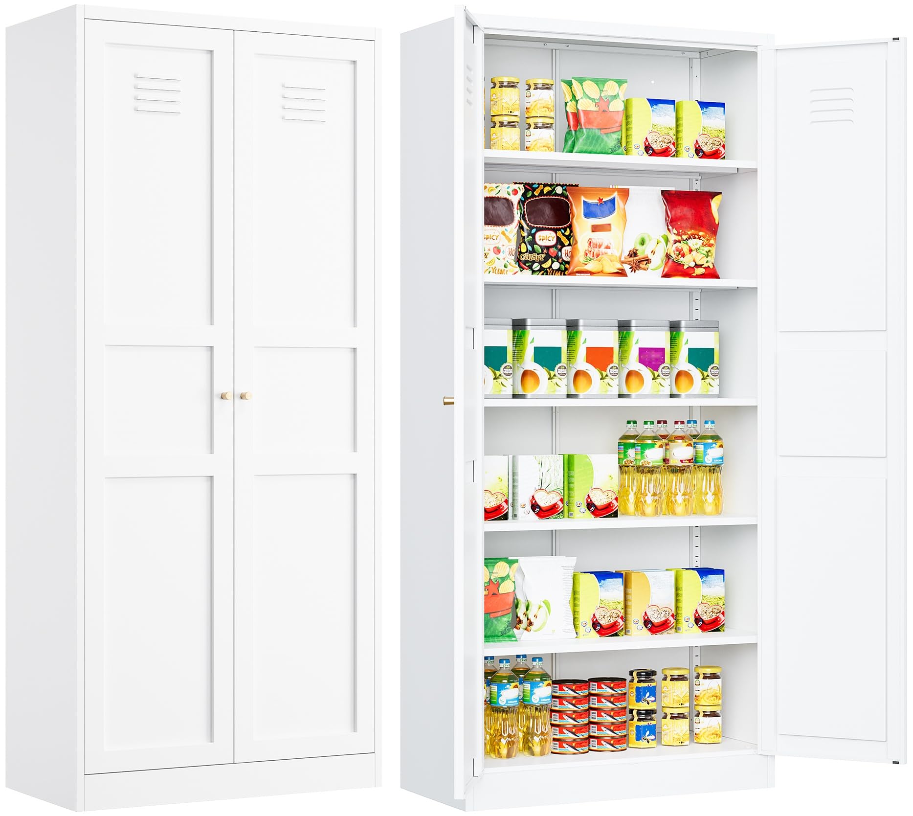 White Pantry Storage Cabinet,Metal Storage Cabinet with 2 Doors and 5 Shelves,Craft Storage Cabinet,Ventilated Tall Large Cupboa