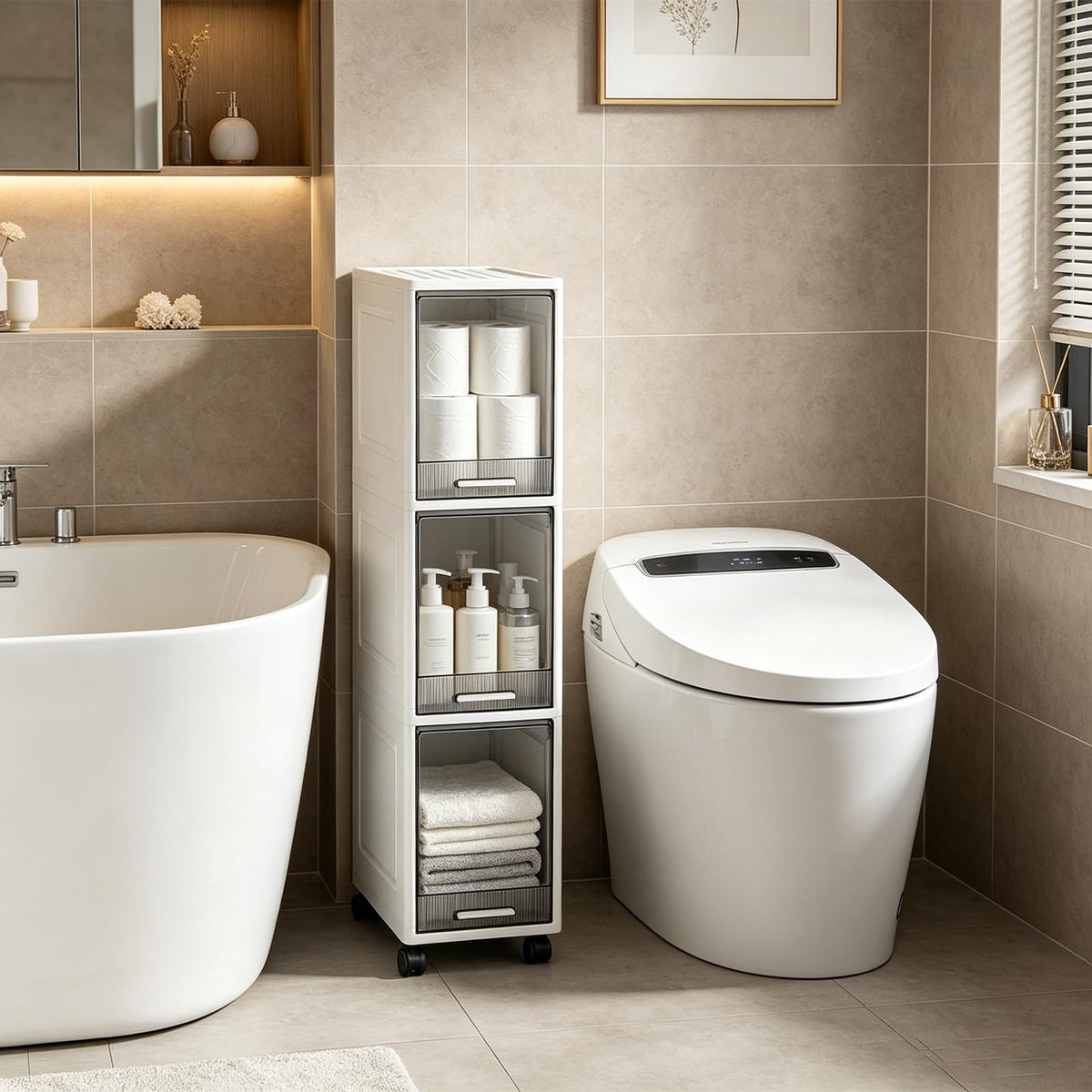 Wenceda 3Tier Slim Bathroom Storage Cabinet, Narrow Storage Shelf with Wheel, Large Capacity & WaterProof, Freestanding Skinny