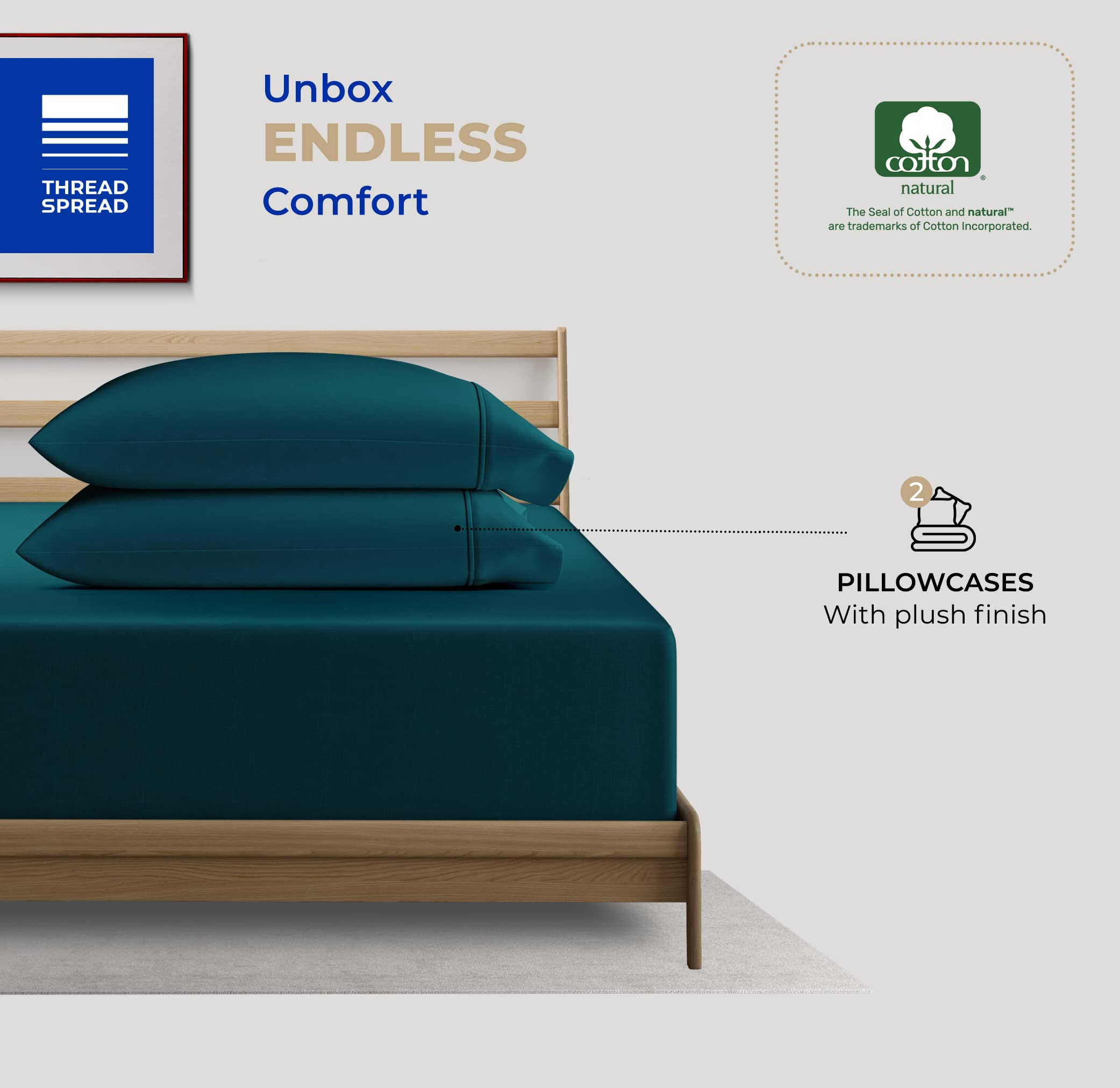 Thread Spread Glee King Size Pillow Cases 2 Pc, Soft & Smooth 100% Cotton Pillowcases, 400 Thread Count Sateen Weave, Teal Pillow Covers - Perfect For Home, Hotels & Hospital Use