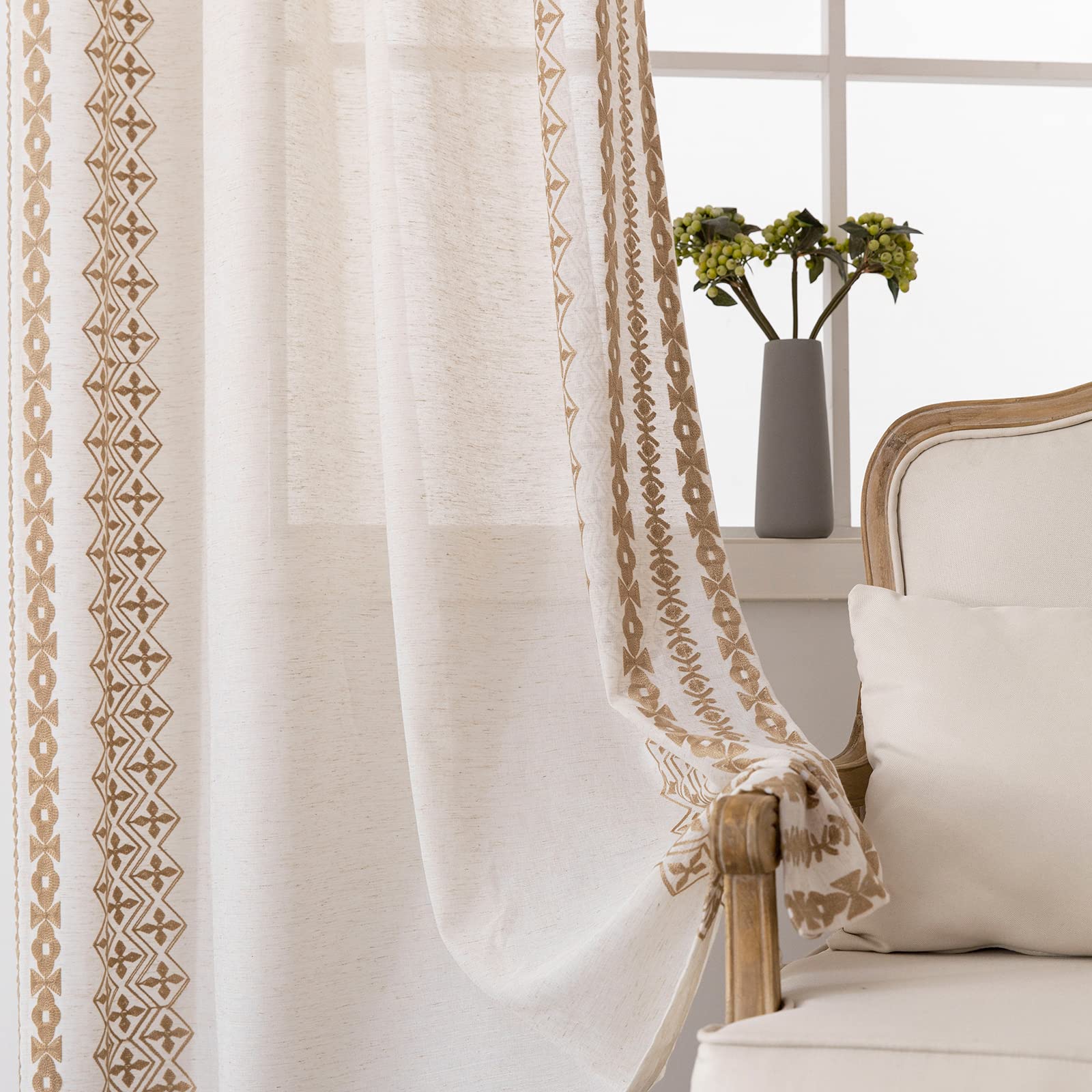 Cream Boho Curtains 108 Inches Long 2 Panels Grommet Light Filtering Natural Linen Curtains For Living Room Neutral Bohemian Win
