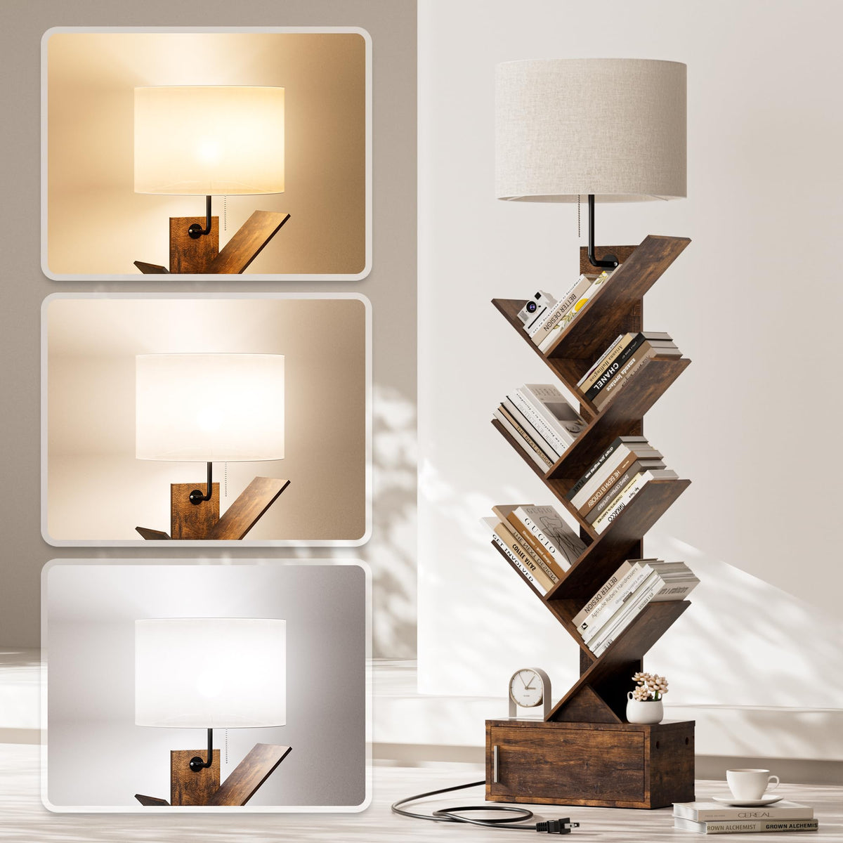 Tree Bookshelf with Light, 6 Tier Narrow Bookcase with Storage Cabinet, Tall Corner Book Shelf for Small Spaces, Vertical Floor 