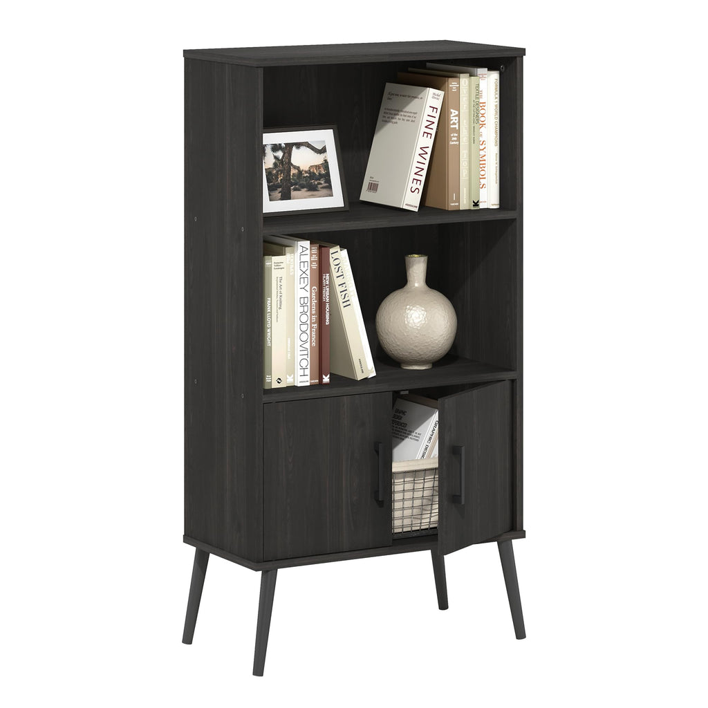Furinno Claude Mid Century Style Accent Wooden Leg Bookcase Cabinet with Storage Organizer Shelves, Espresso