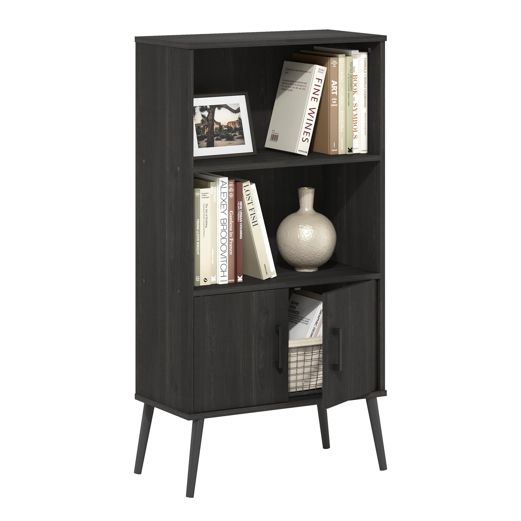 Furinno Claude Mid Century Style Accent Wooden Leg Bookcase Cabinet with Storage Organizer Shelves, Espresso