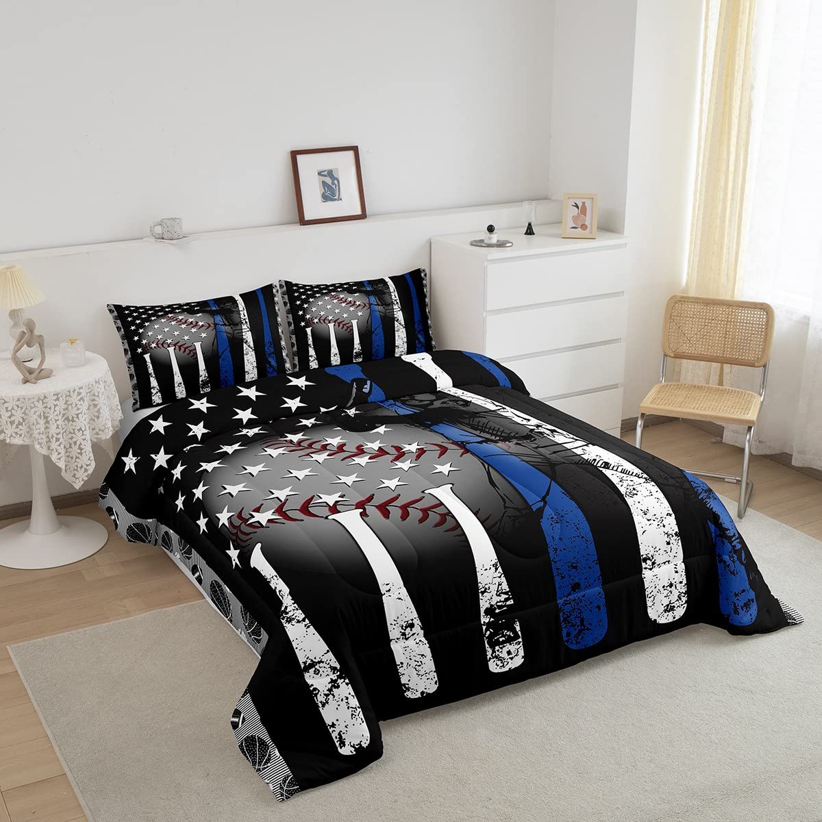 Erosebridal Baseball Comforter Set King,Grunge Style Baseball Bat Softball Bedding Set For Kids Boys Teens,American Flag Stars Striped Duvet Insert,Ball Sports Game Down Comforter With 2 Pillow Shams