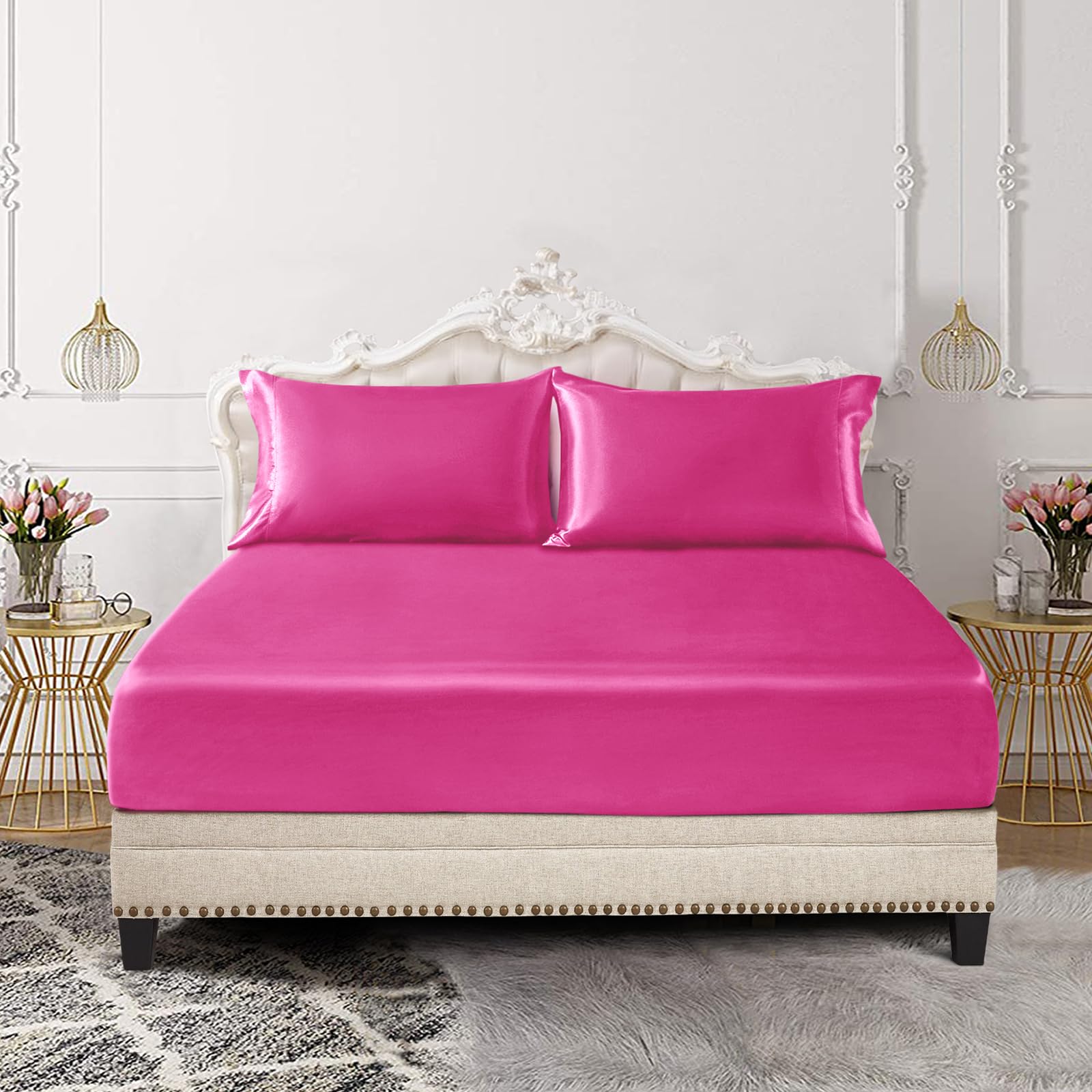 Siinvdabzx 3-Piece Set Satin Full Fitted Sheet & 2 Pillowcase, Hot Pink Silky Soft Fitted Bottom Sheet, Wrinkle Free, Fade Resis