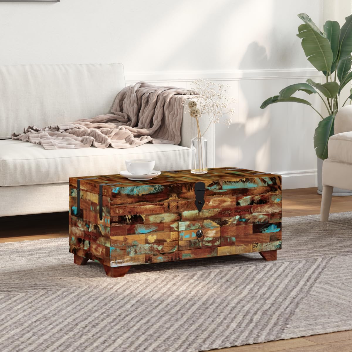 vidaXL Coffee Table with Lift Tops, Lockable Box Chest with Storage Compartments and Drawers, Fully Handmade, 31.5''x15.7''x13.8'', Solid Reclaimed Wood, Multicolor
