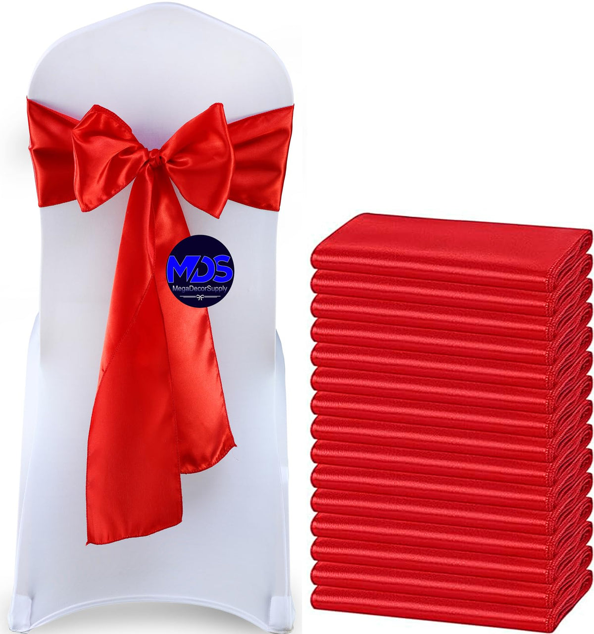 Mds Pack Of 50 Pcs Satin Chair Sashes Charmeuse Sateen Dining Chair Bows Ribbon Ties Back Sash For Wedding Party Birthday Home Hotel Restaurant Banquet Decoration (7 X 108 Inch, Red)