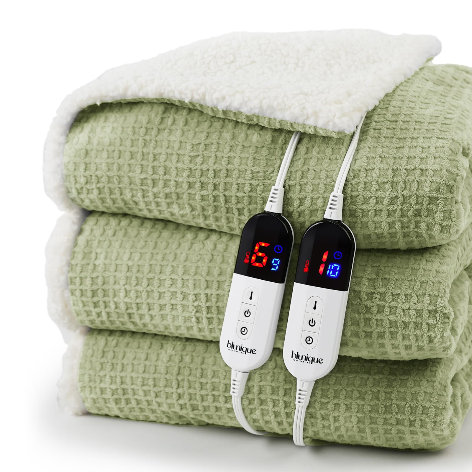 blunique Heated Blanket Electric Blanket King Waffle, 90x100 Inches Dual Controllers Sherpa Fleece Fast Heating Blanket 6 Heatin