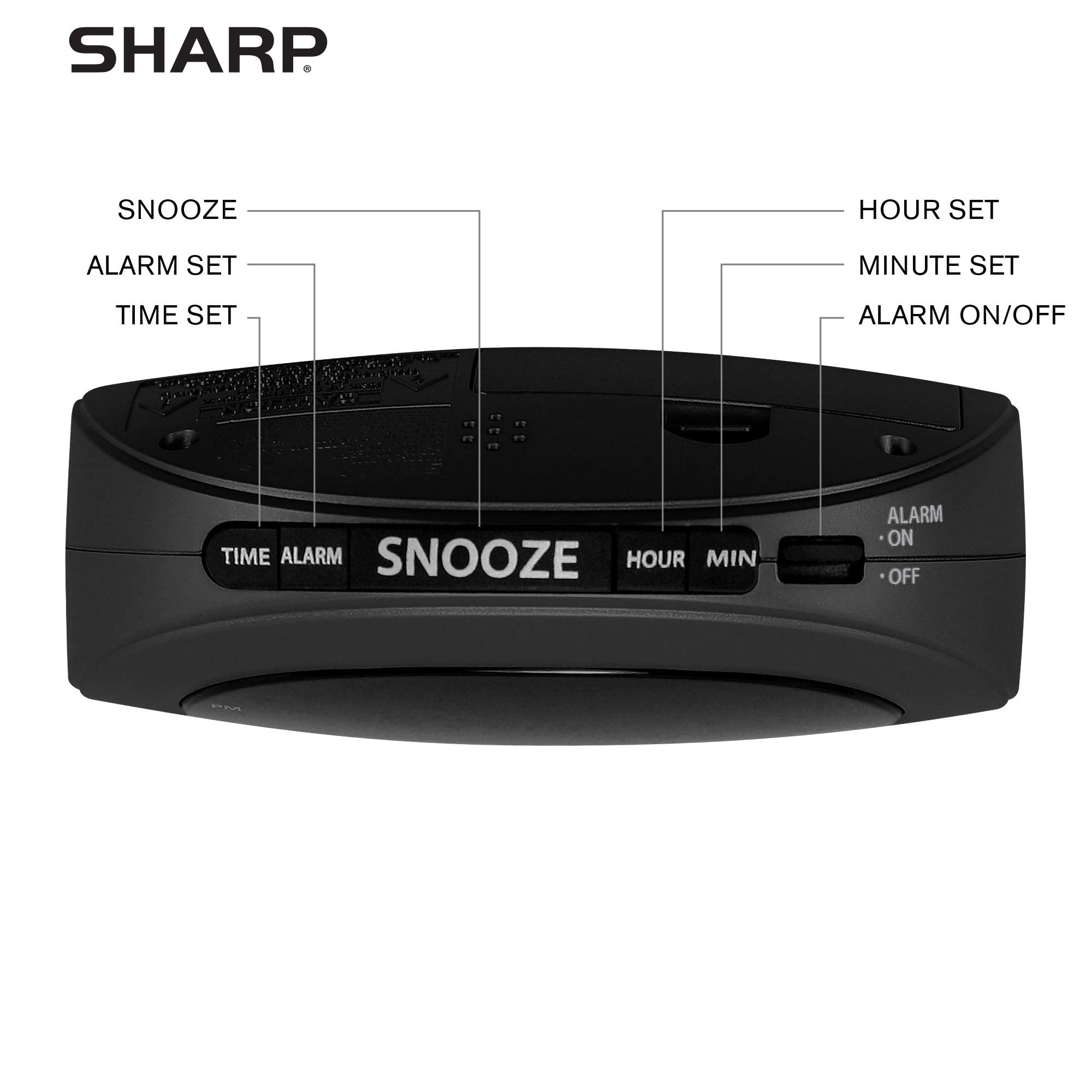 Sharp Small Digital Alarm Clock With Snooze And Battery Backup, Easy To Use Top Button Controls For Simple Use, Black Case With