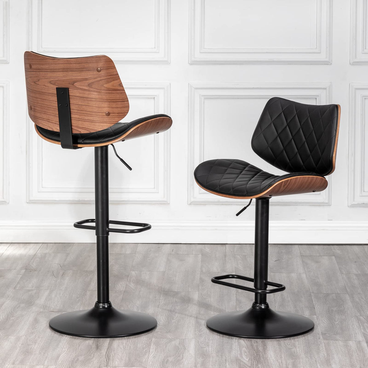 LUNLINg Bar Stools Set of 2 Mid century Modern Adjustable counter Height Black Leather Upholstered 360ASwivel Bar chairs for Kit