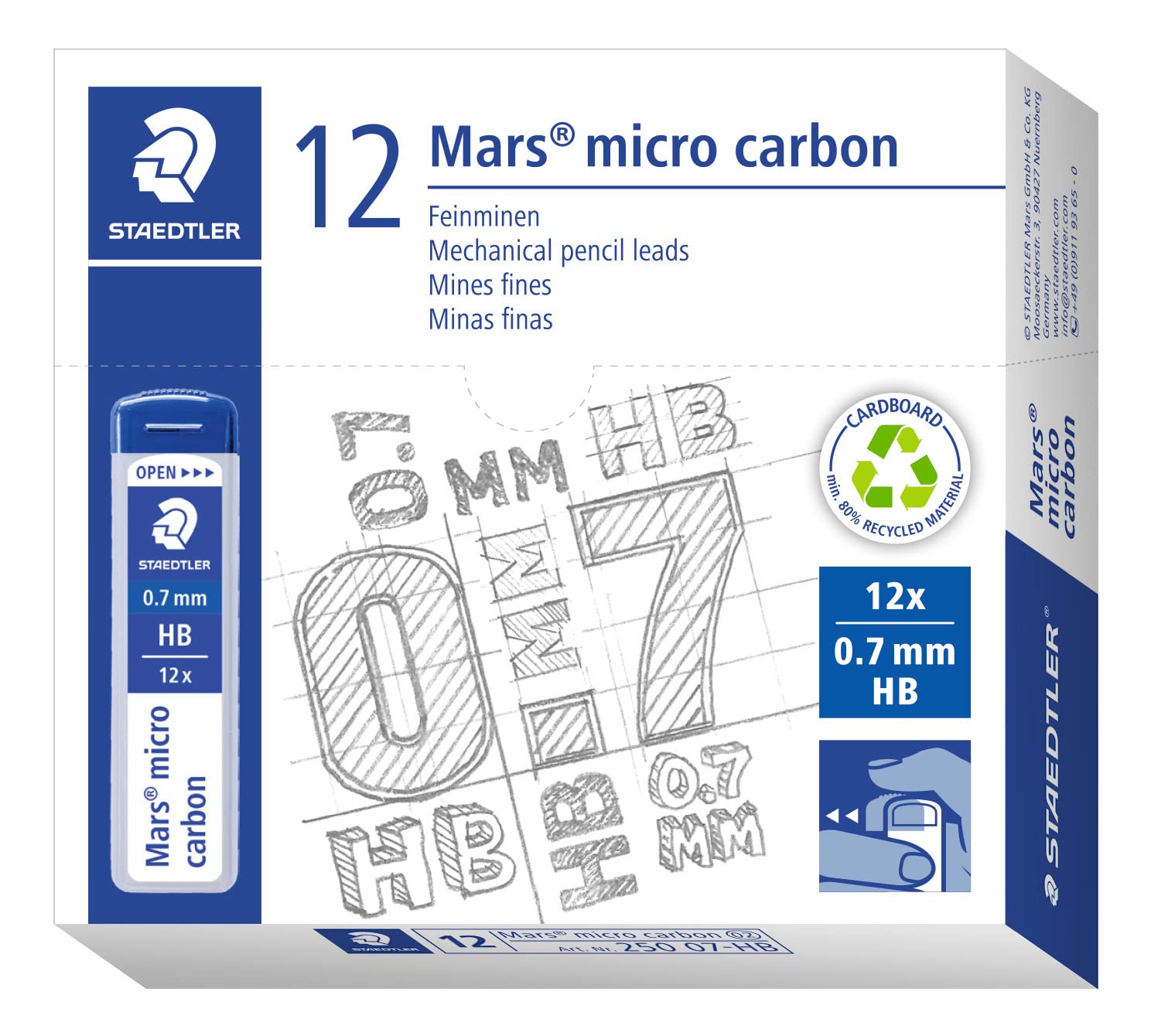 Staedtler Mars Micro Carbon Mechanical Pencil Refills, Tube Of 12 0.7Mm Hb Medium Point Graphite Leads, 250 07-Hb