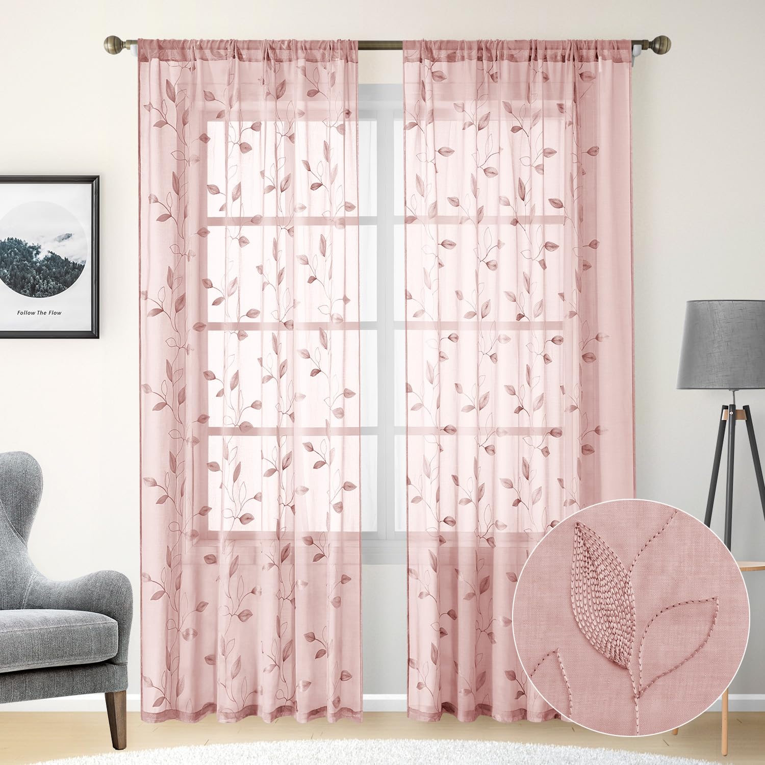 Homeideas Blush Pink Floral Sheer Curtains 96 Inches Long 2 Panels Embroidered Sheer Pattern Curtains Semi Sheer Window Curtains For Bedroom Living Room