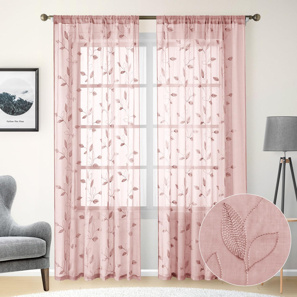 Homeideas Blush Pink Floral Sheer Curtains 84 Inches Long 2 Panels Embroidered Sheer Pattern Curtains Semi Sheer Window Curtains For Bedroom Living Room