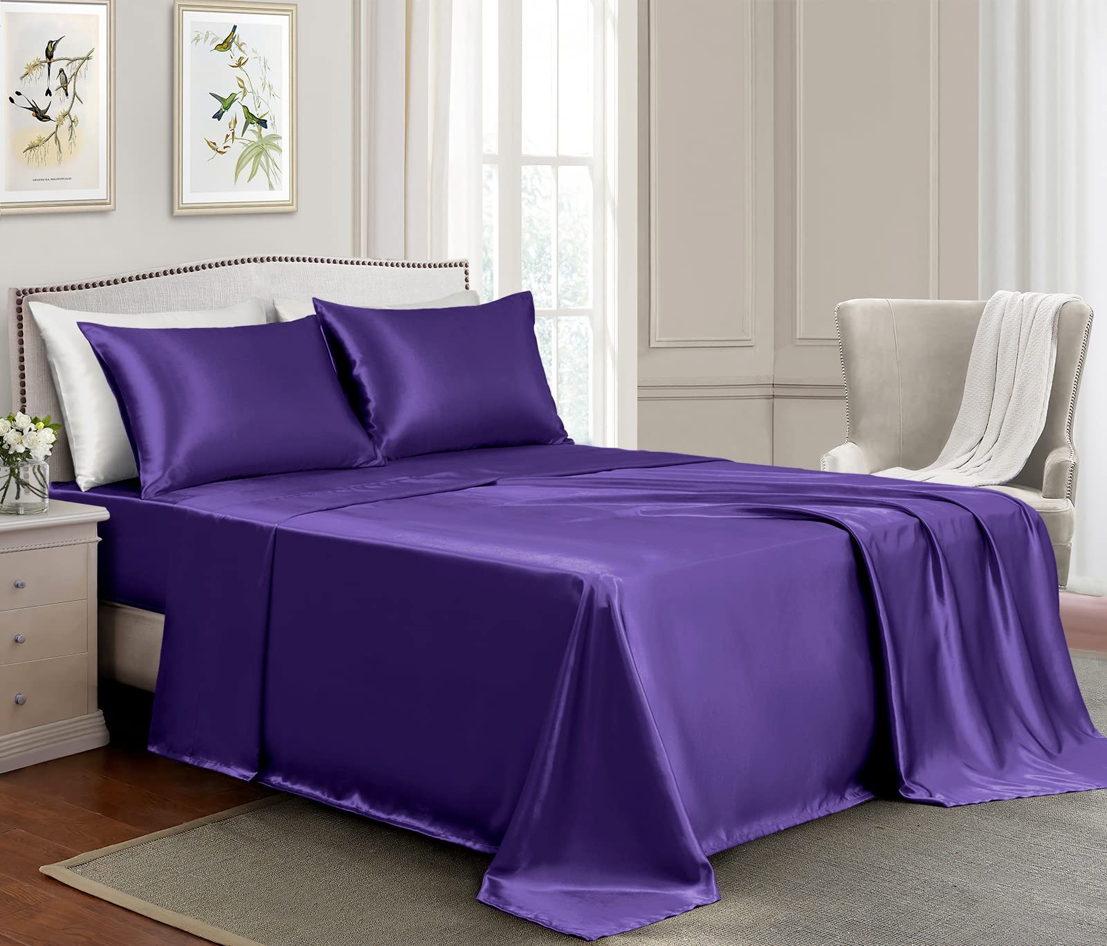 Golal Satin Sheets Queen Size - 4 Pieces Luxury Silky Soft Bed Sheets, Wrinkle-Free Dark Purple Satin Silk Sheet Set With 1 Deep Pocket Fitted Sheet, 1 Flat Sheet, 2 Pillow Cases