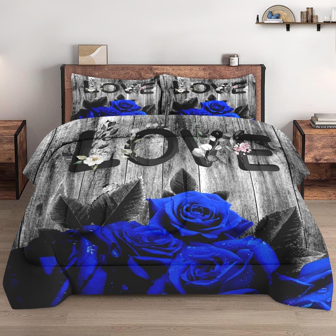 Wecozy Comforter Set Full Size With 2 Pillowcases, Dark Blue Rose Flower 3 Pcs Bedding For Kids And Adults, Summer Vintage Woodb