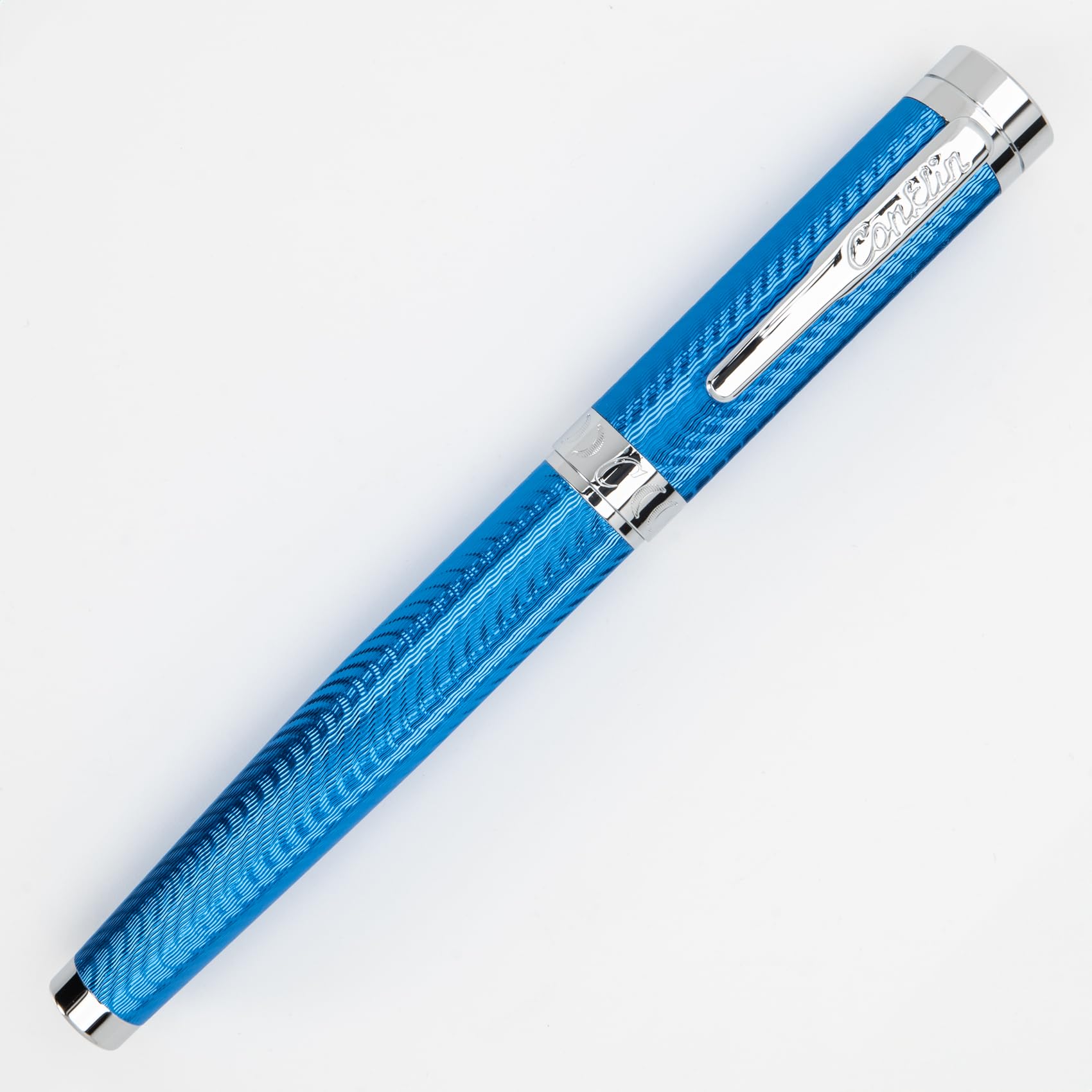 Conklin Herringbone Signature Rollerball Pen - Blue With Chrome Trim, Elegant Engraved Design, Smooth Writing Experience, Refill