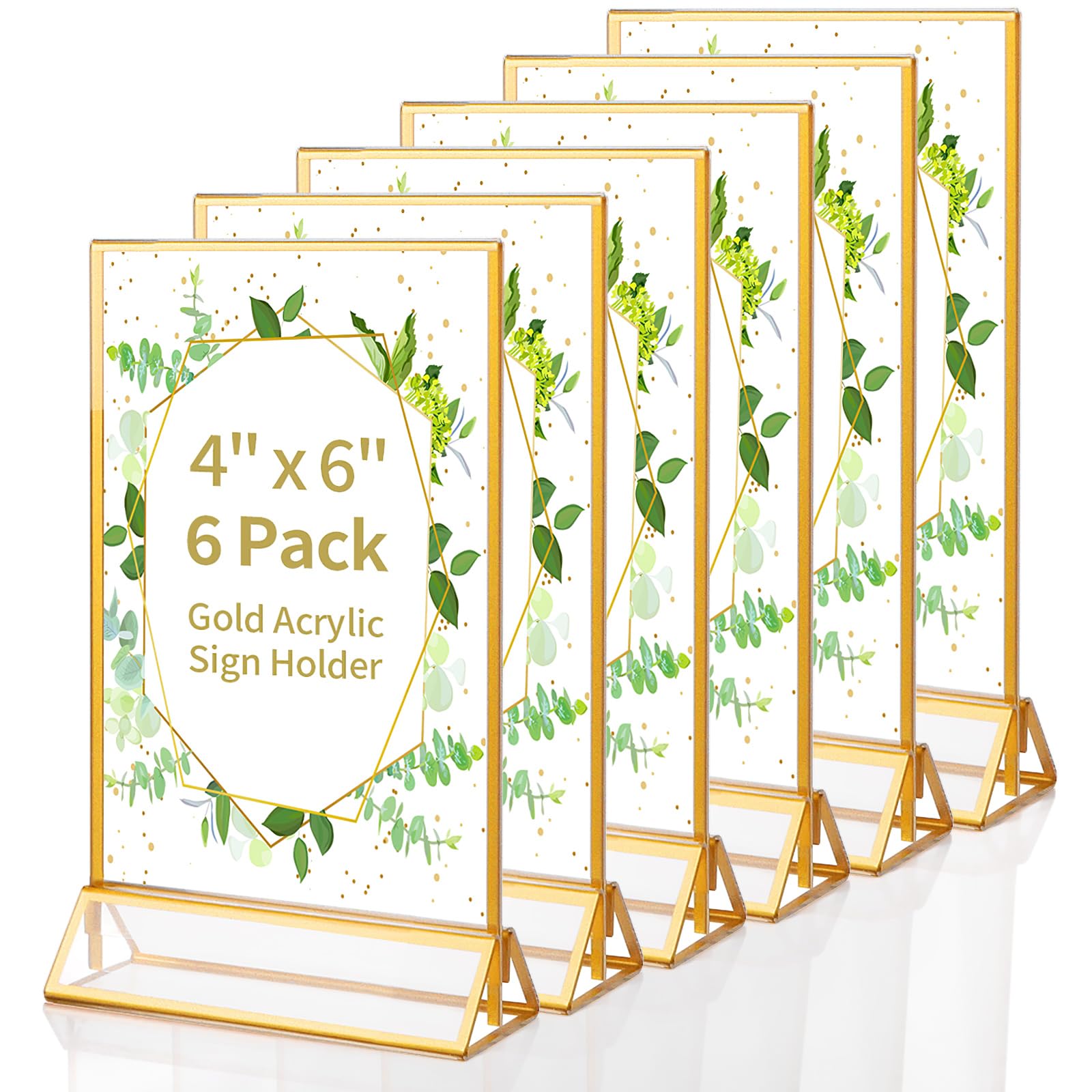 Svalor Gold Acrylic Sign Holder 4X6 Inch, 6 Pack Wedding Table Number Frames Vertical , Double Sided Display Gold Picture Frame,