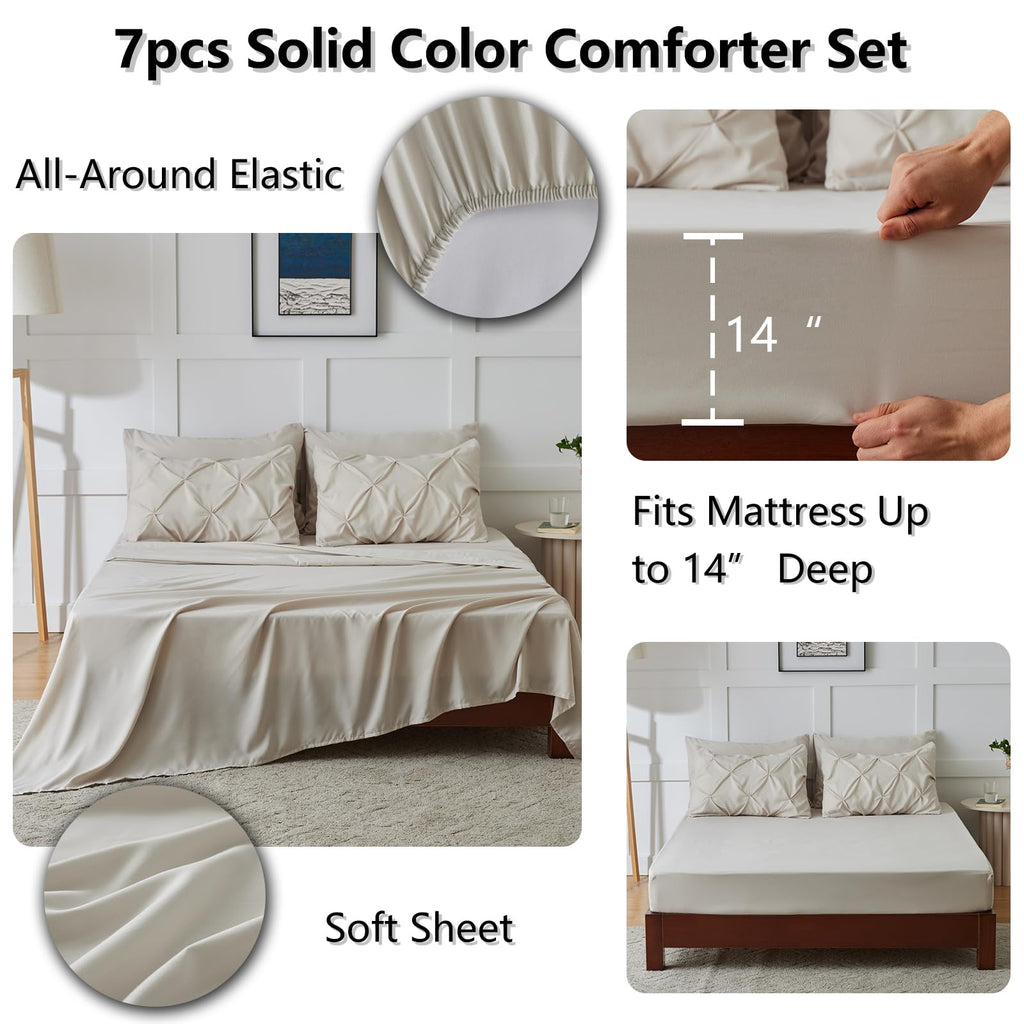 Himeet King Size Bedding Sets 7 Pieces King Bedding Set Pintuck King Size Comforter Set Pinch Pleat Beige