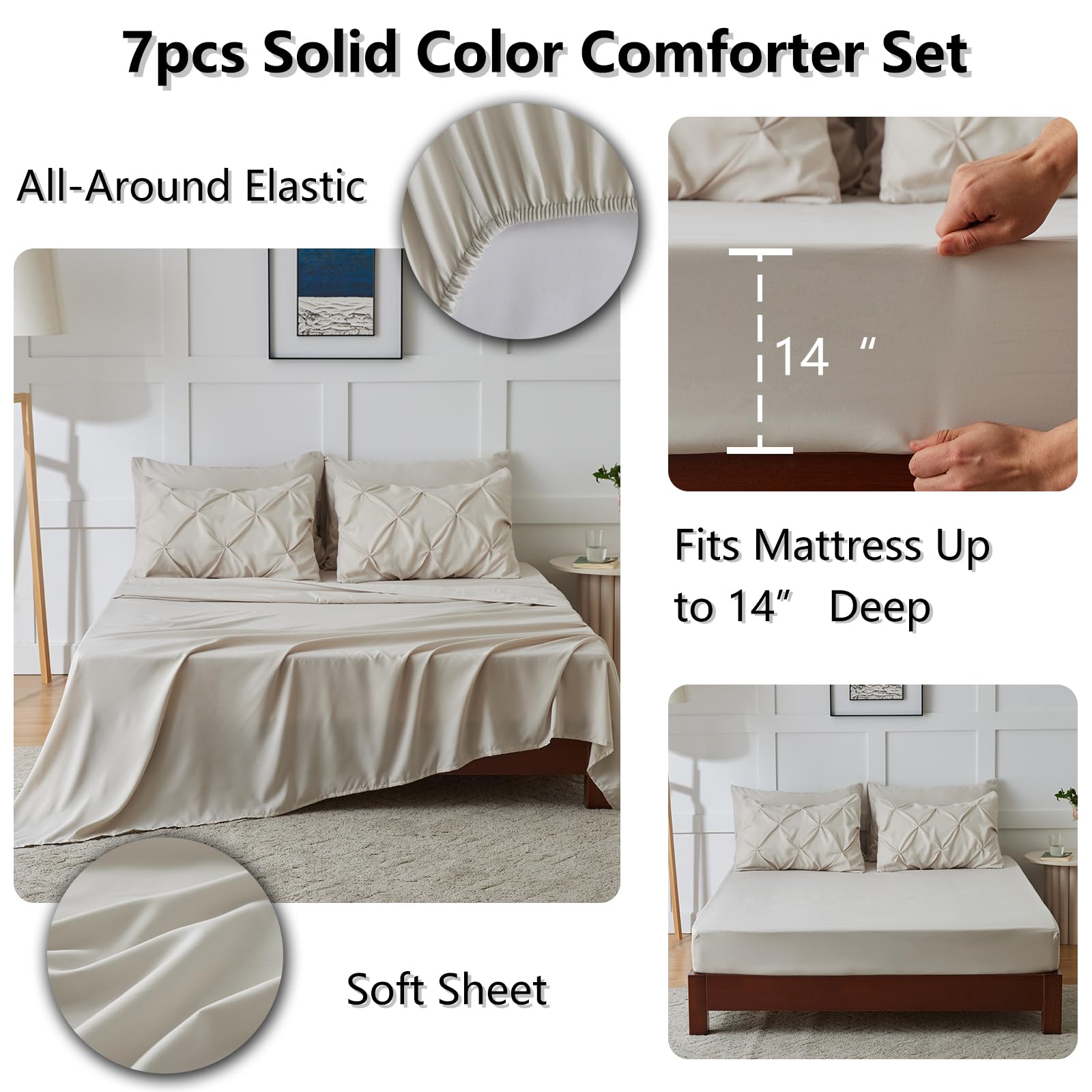 Himeet King Size Bedding Sets 7 Pieces King Bedding Set Pintuck King Size Comforter Set Pinch Pleat Beige
