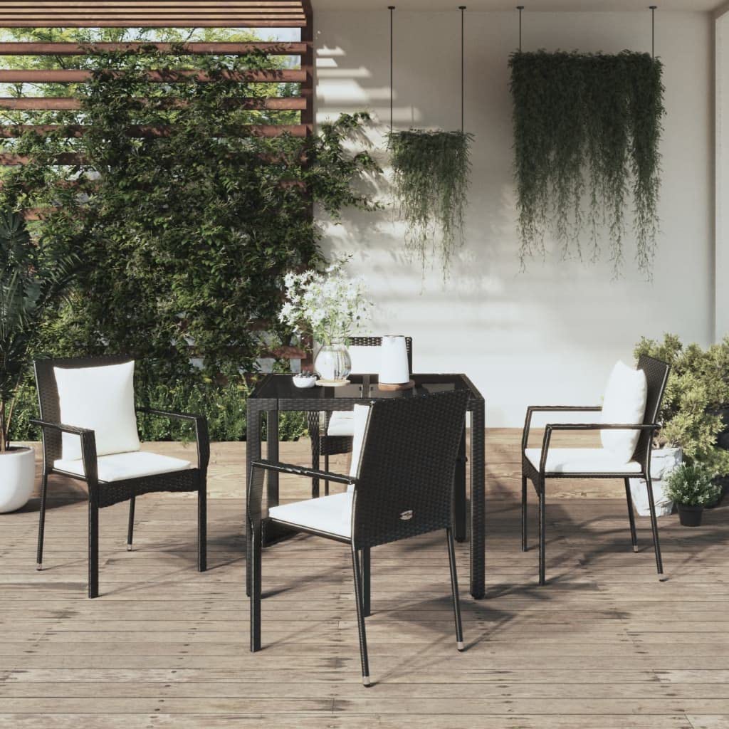 vidaXL Contemporary 5 Piece Patio Dining Set - Weather-Resistant Black Poly Rattan with Cushions - Sturdy Powder-Coated Steel Frame - Modular Design - Easy-to-Clean Tempered Glass Tabletop