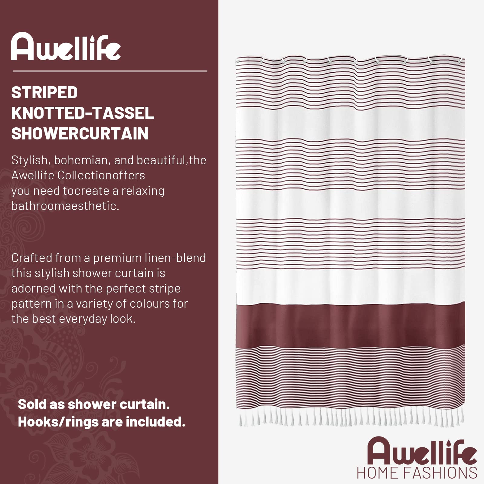 Awellife Red Burgundy Shower Curtain For Bathroom Stripe Tassel Maroon Shower Curtain 72 X 72 Inches Farmhouse Linen