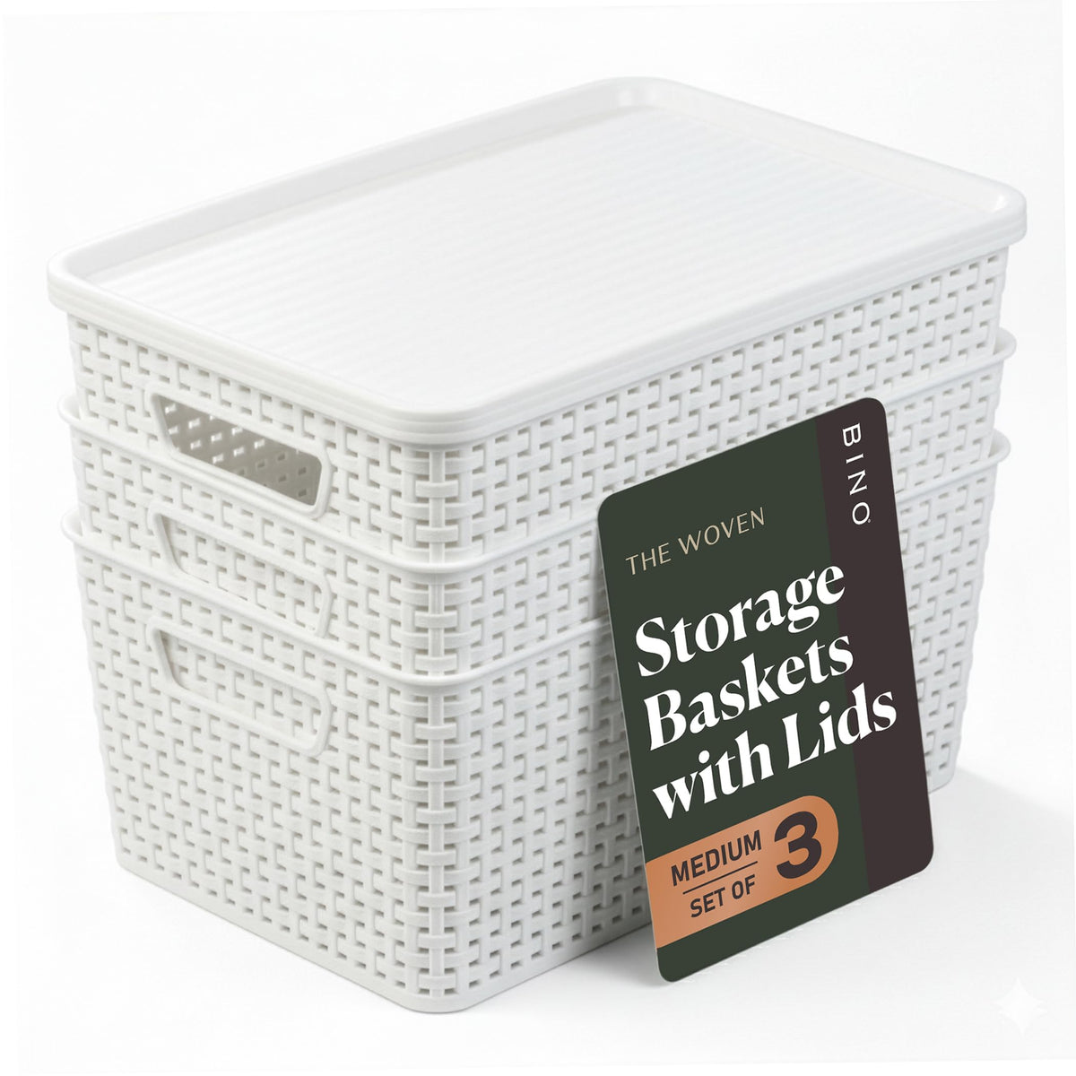 BINO | Plastic Storage Baskets with Lids, 15.5 Liter  3 Pack, White | THE WOVEN COLLECTION | Storage Basket for Shelves Woven S
