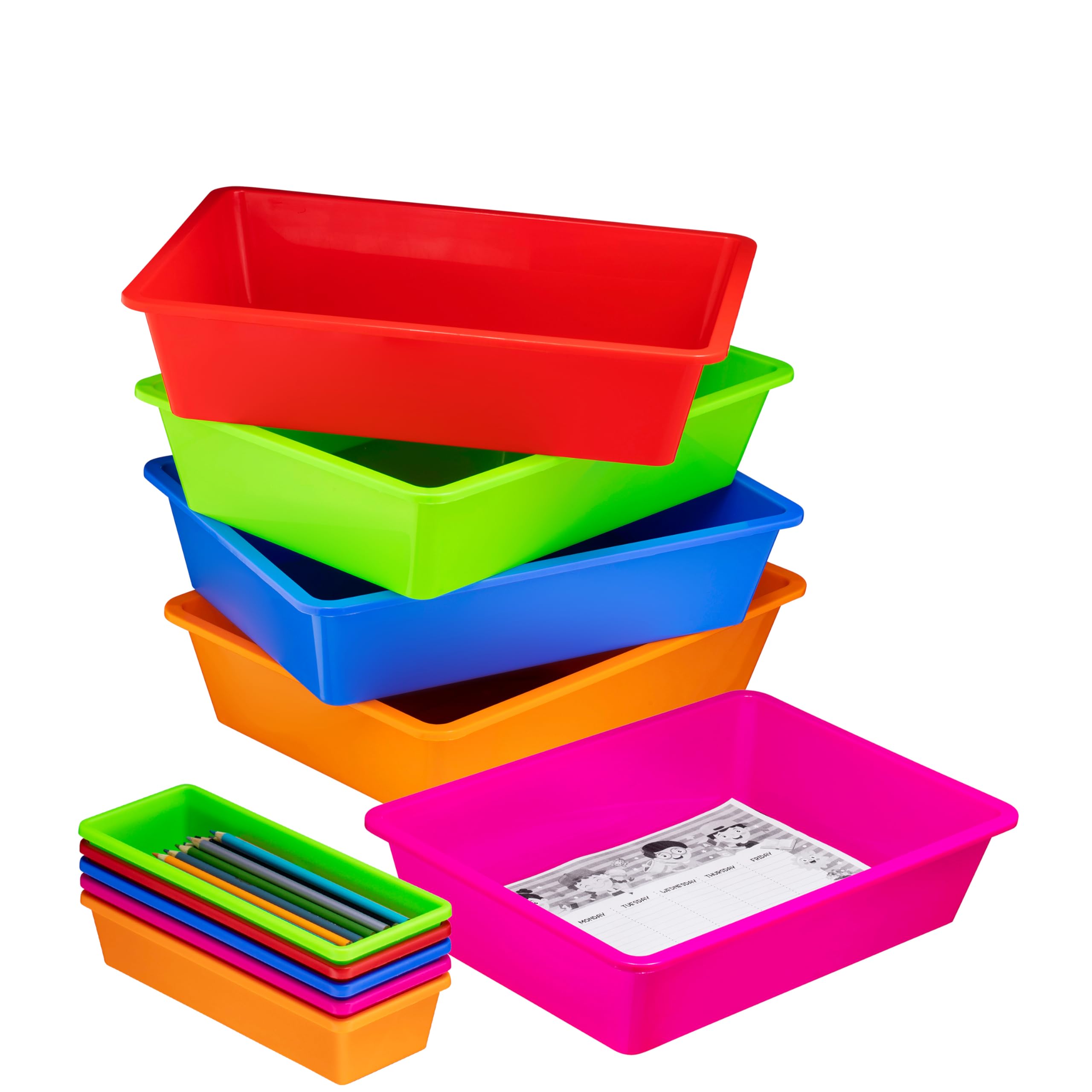Zilpoo Set Of 10 - 5 Pack Paper Organizer Bins, 5 Pack Pencil Storage Bin, Colorful Plastic Turn In Tray, Classroom File Holder,