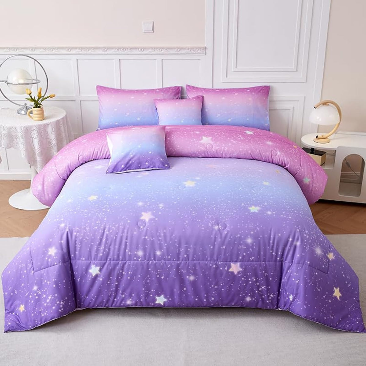 Helloosuu Pink And Purple Comforter Set Queen,Girls Galaxy Comforter Set,Purple Bedding Set Queen,Bed In A Bag Comforter For Chi