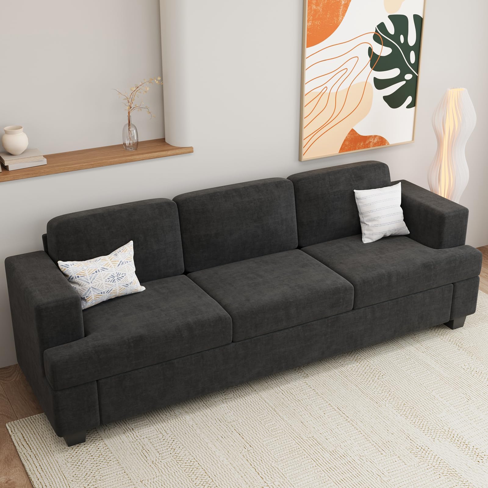 Youdenova Sofa, 89' 3-Seater Deep Seat Sofa, Modern Comfy Couches For Living Room Apartment Lounge, Dark Grey Chenille