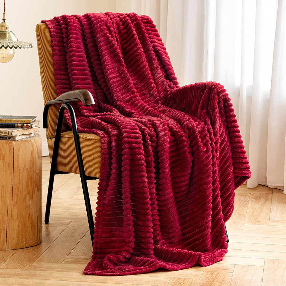 Miulee Christmas Fleece Throw Blanket For Couch 300Gsm Super Soft Lightweight Plush Striped Blanket, Burgundy Red Warm Cozy Brea