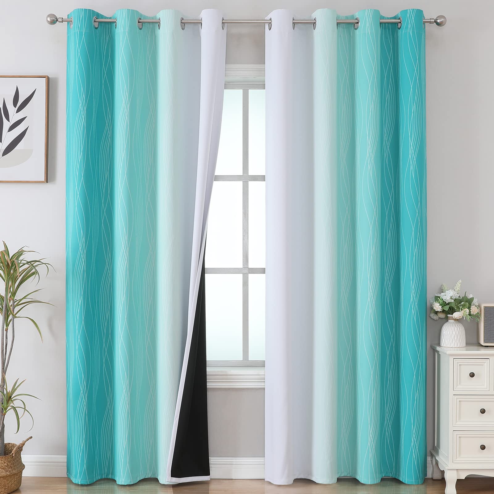 Estelar Textiler Full Room Darkening Greyish White And Teal Blackout Curtains 96 Inch Length 2 Panels Set, Ombre Thermal Insulat