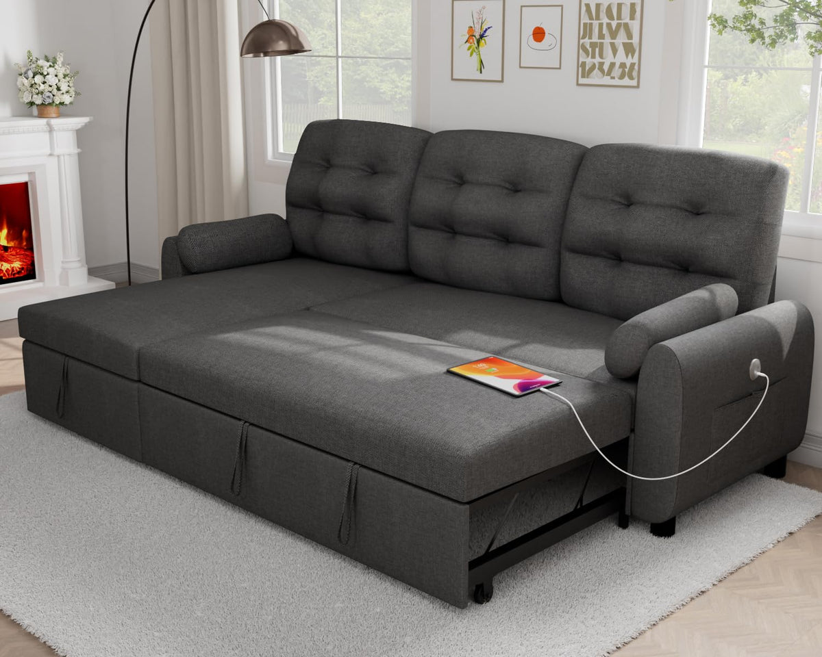 Ucloveria Sectional Sofa Couch, 87' Sleeper Sofa Bed With Reversible Storage Chaise Pull Out Couch For Living Room | Side Pocket | Charging Station | Removable Backrest | Linen Fabric, Dark Grey