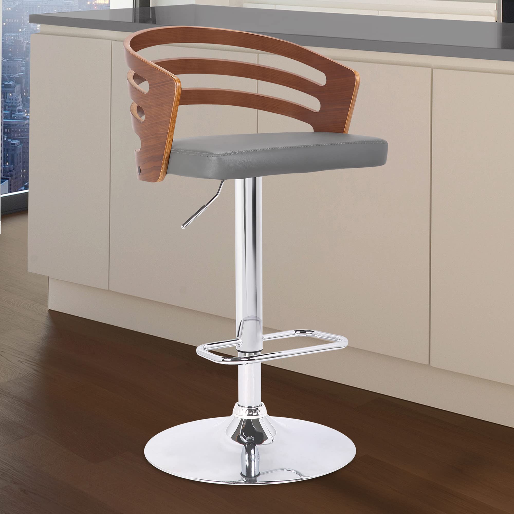 HomeRoots Poplar, Faux Leather, Chrome Metal Gray Faux Leather Walnut Wood and Chrome Adjustable Swivel Bar Stool