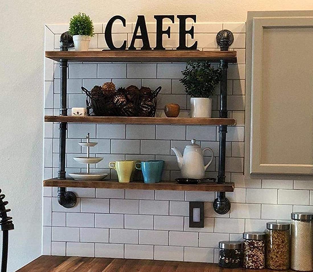 DR.IRON Industrial Pipe Shelves Wall Shelving Rustic Wood Shelf Storage Shelves 3 Tiers Wall Mount Pipe Design DIY Shelf Retro W