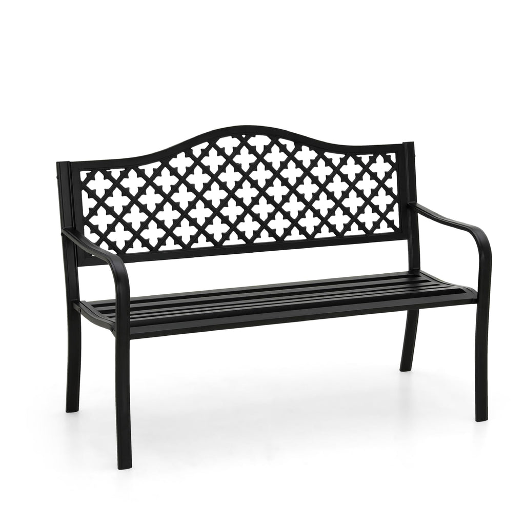 Phi Villa 50' Outdoor Garden Patio Metal Bench For Outdoors With Plastic Backrest Armrests Sturdy Steel Frame, Black