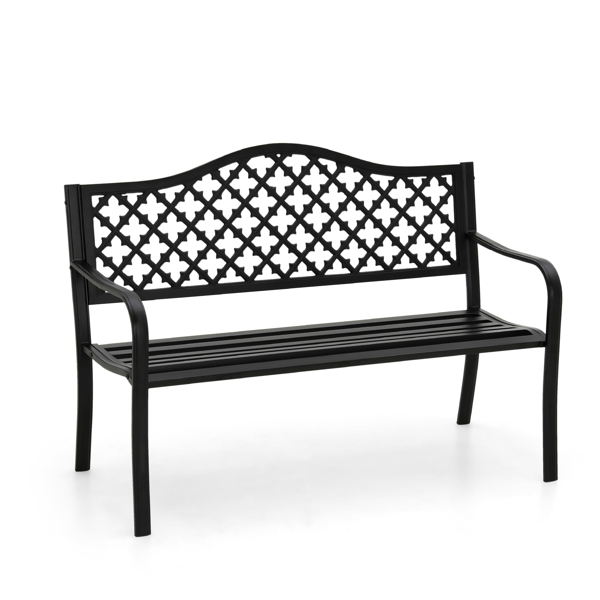 Phi Villa 50' Outdoor Garden Patio Metal Bench For Outdoors With Plastic Backrest Armrests Sturdy Steel Frame, Black